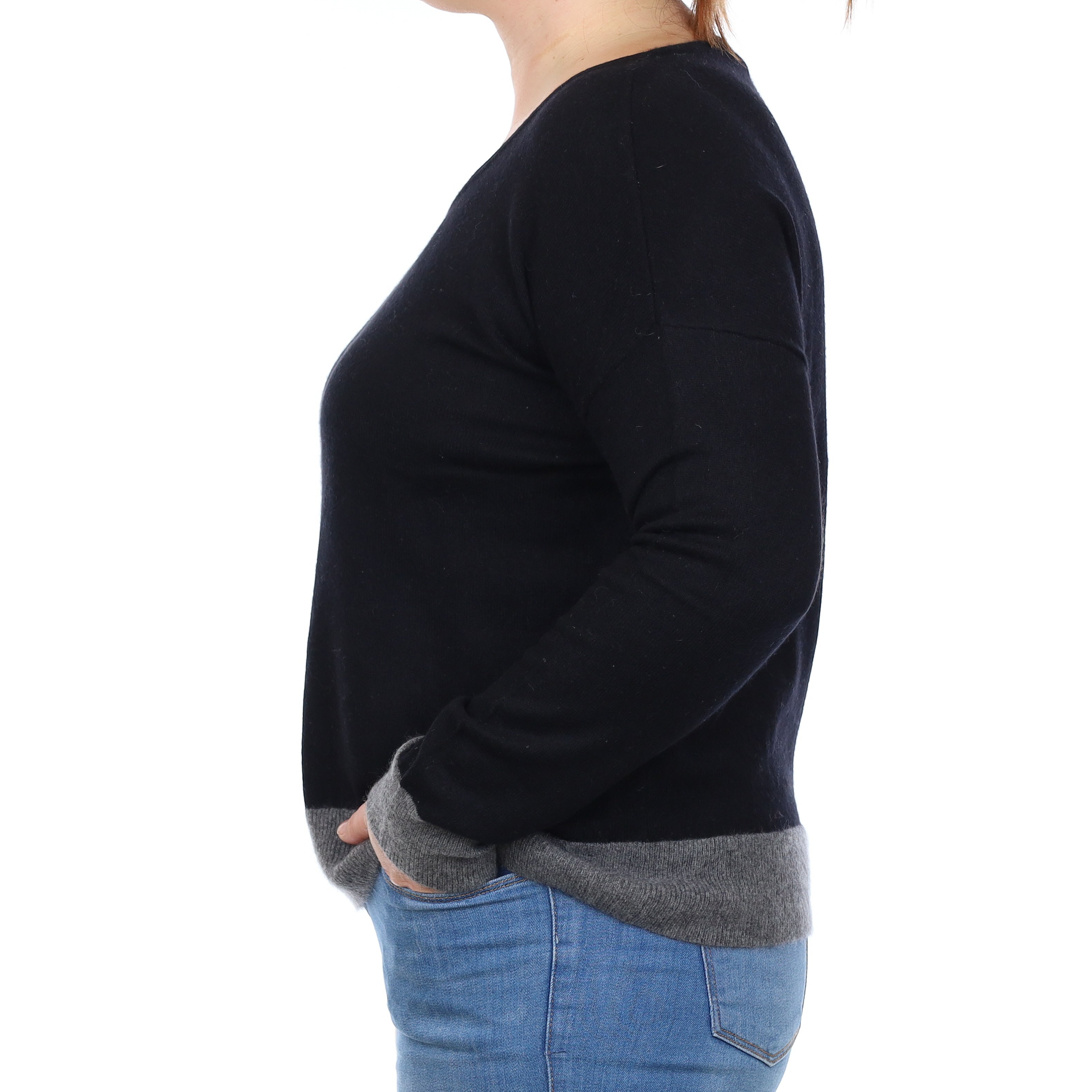 Black Grey Trim Cashmere Boxy Crew Neck Jumper Large
