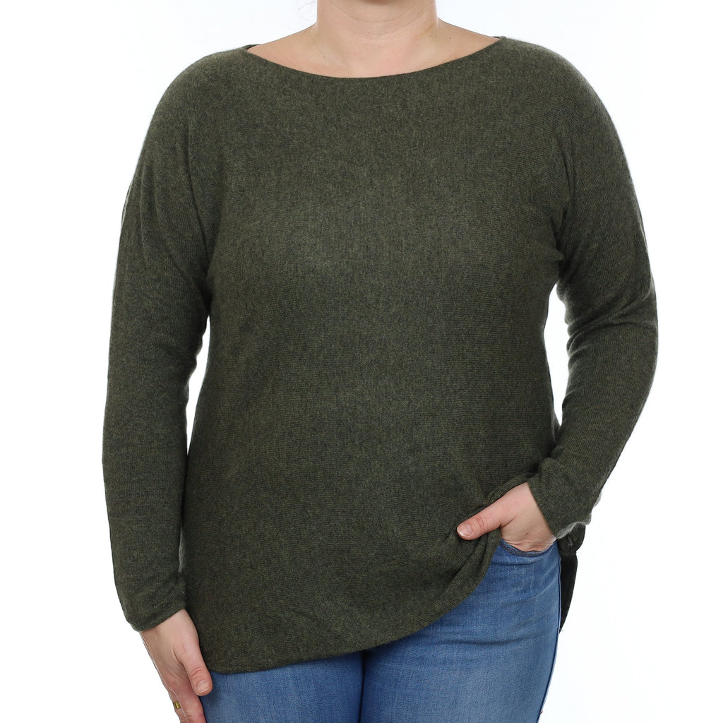Khaki Green Marl Cashmere Batwing Slash Neck Jumper Large