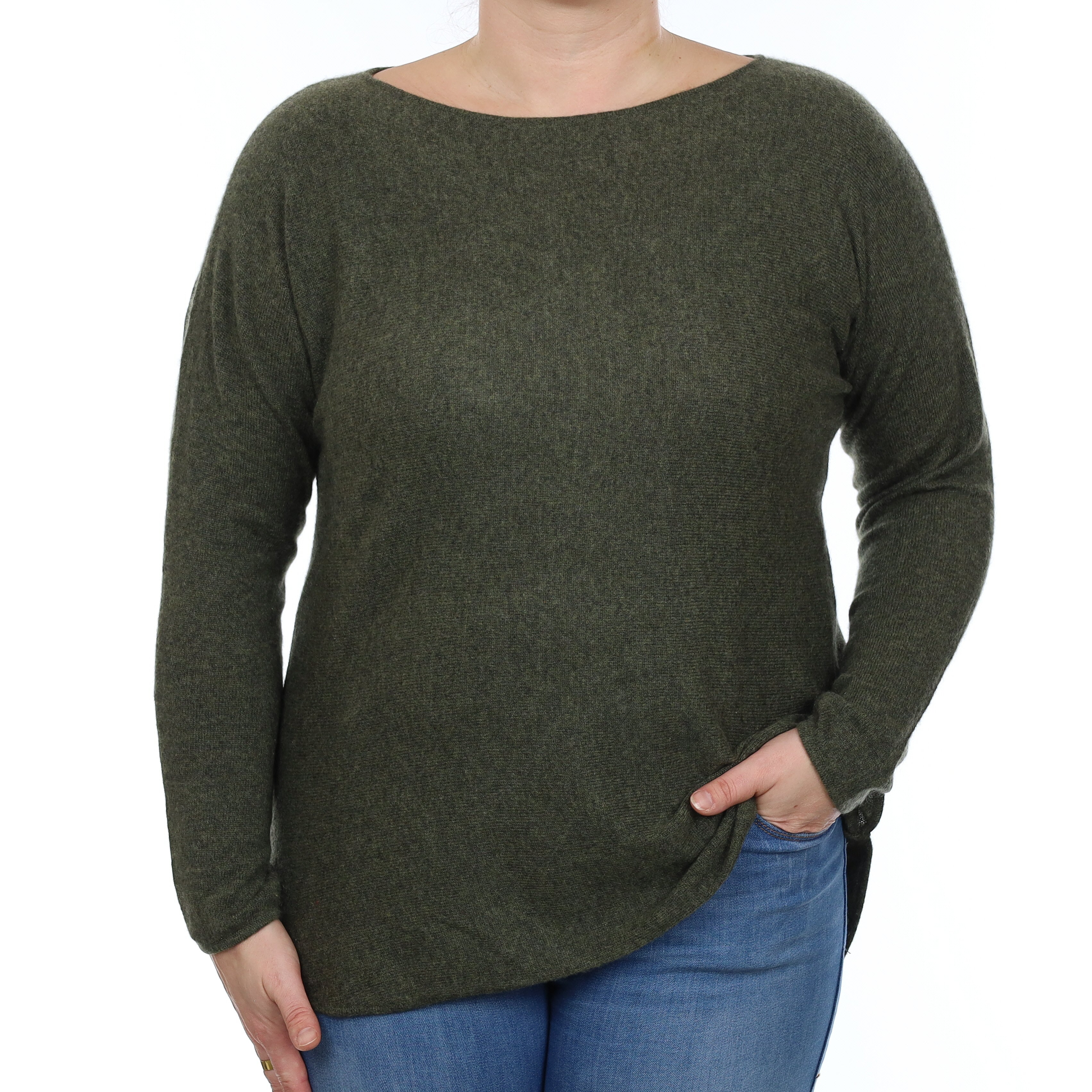 Khaki Green Marl Cashmere Batwing Slash Neck Jumper Large