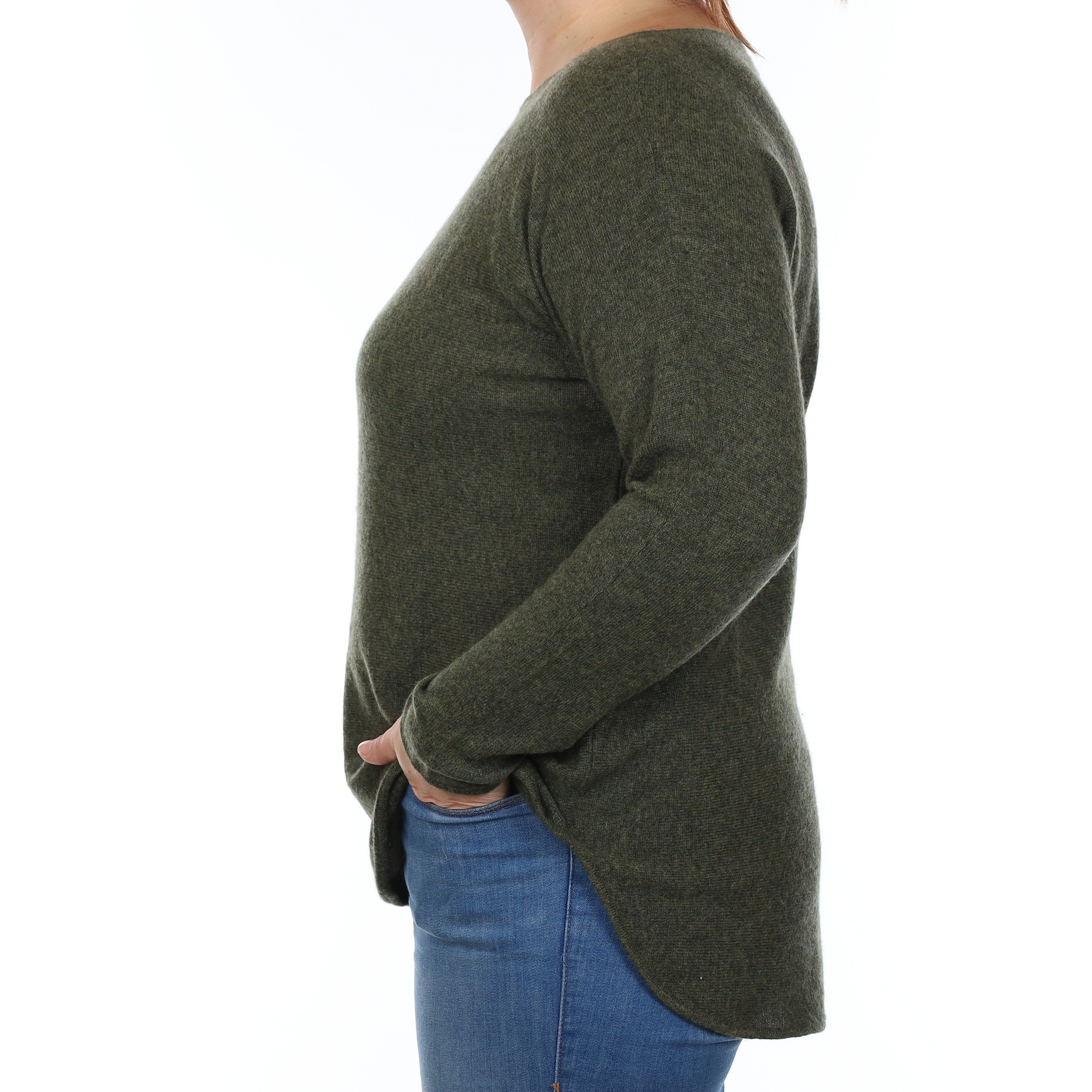 Khaki Green Marl Cashmere Batwing Slash Neck Jumper Large