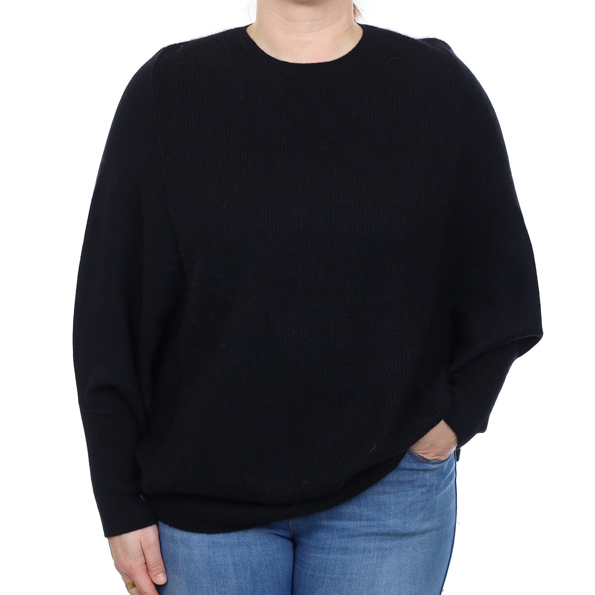 Black Rib Detail Cashmere Batwing Crew Neck Jumper Large