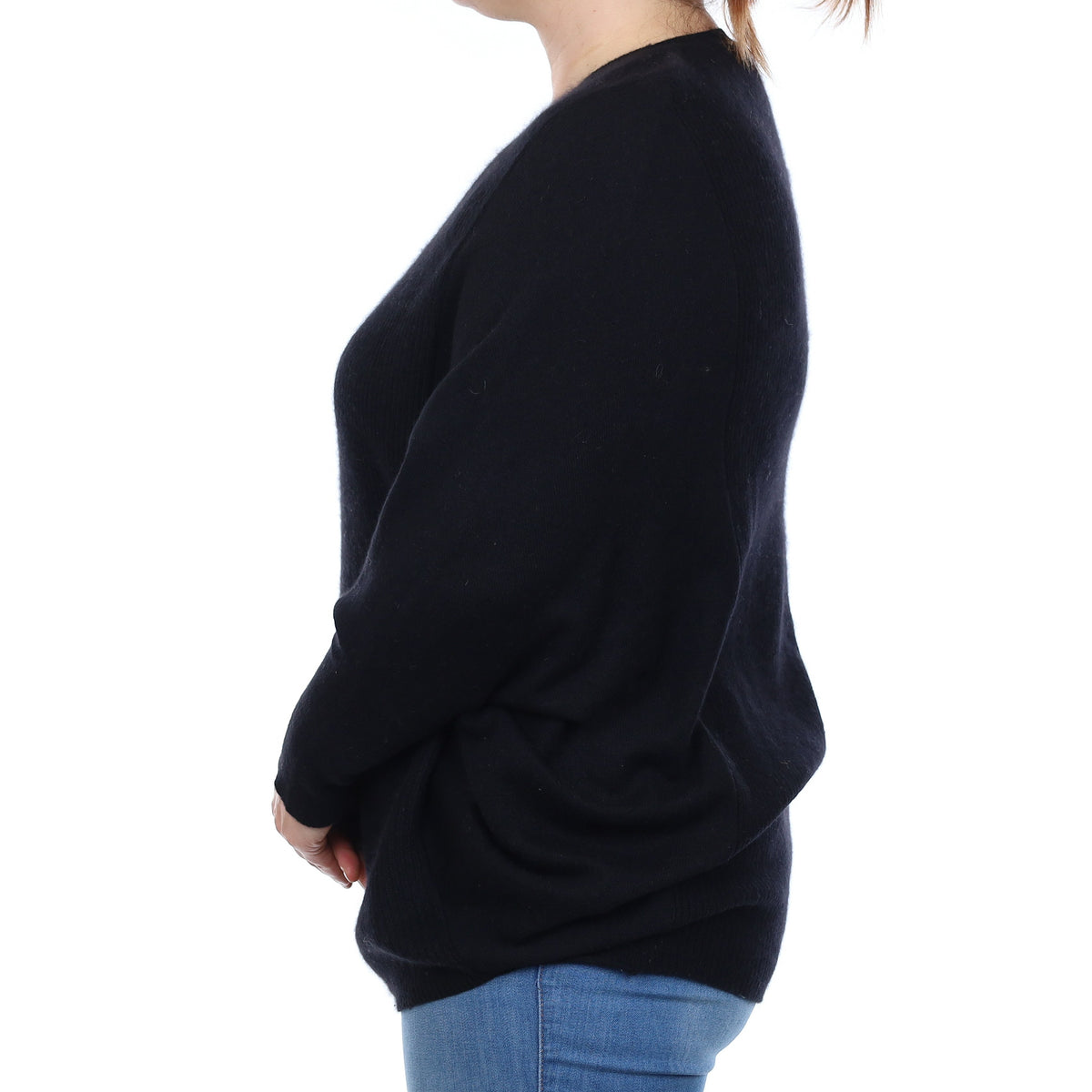 Black Rib Detail Cashmere Batwing Crew Neck Jumper Large
