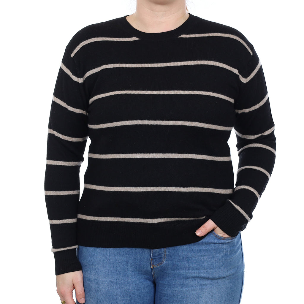 Black and Fawn Stripe Cashmere Crew Neck Jumper Large