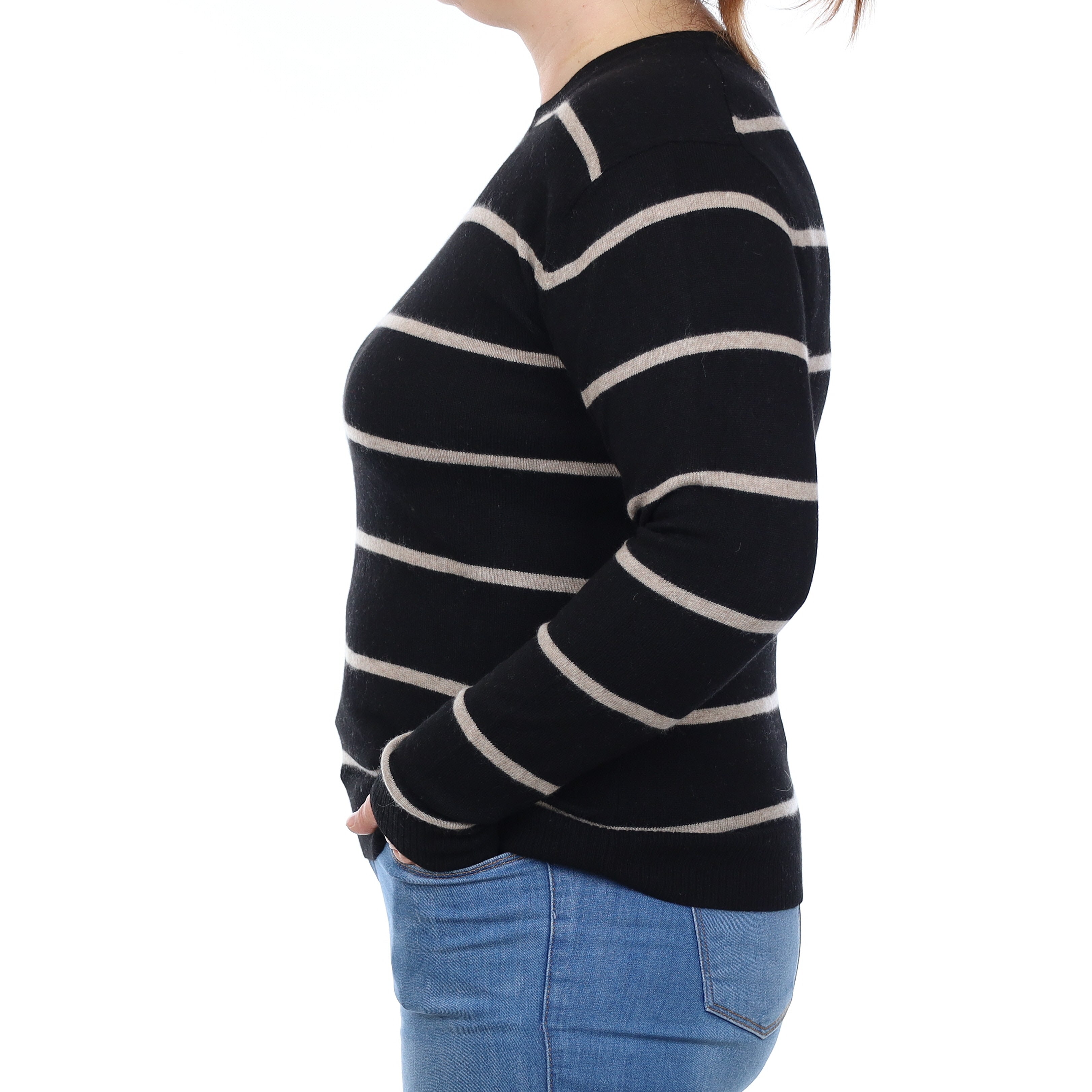 Black and Fawn Stripe Cashmere Crew Neck Jumper Large