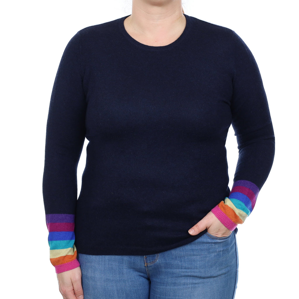 Wyse Navy Rainbow Sleeve Cashmere Crew Neck Jumper Large