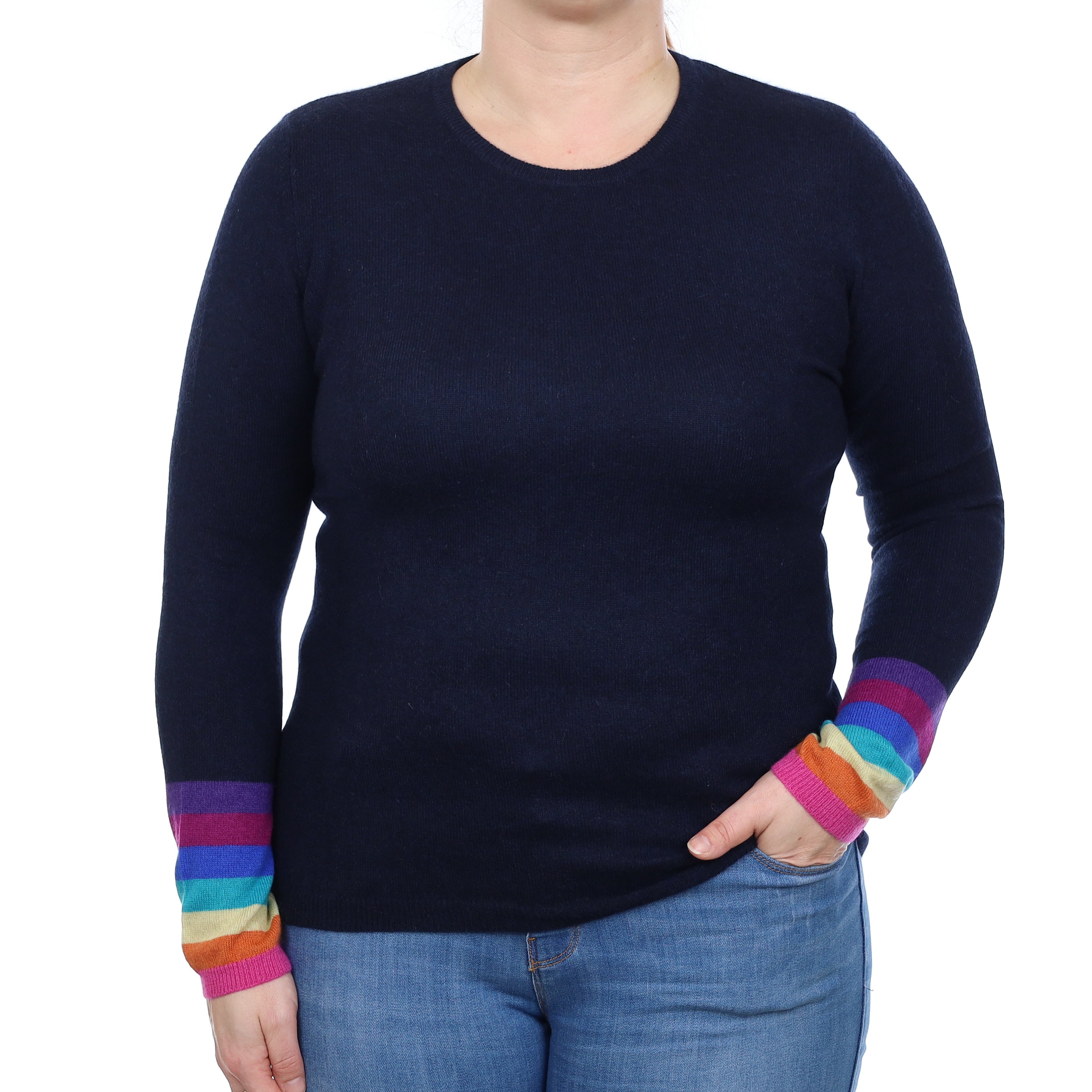 Wyse Navy Rainbow Sleeve Cashmere Crew Neck Jumper Large