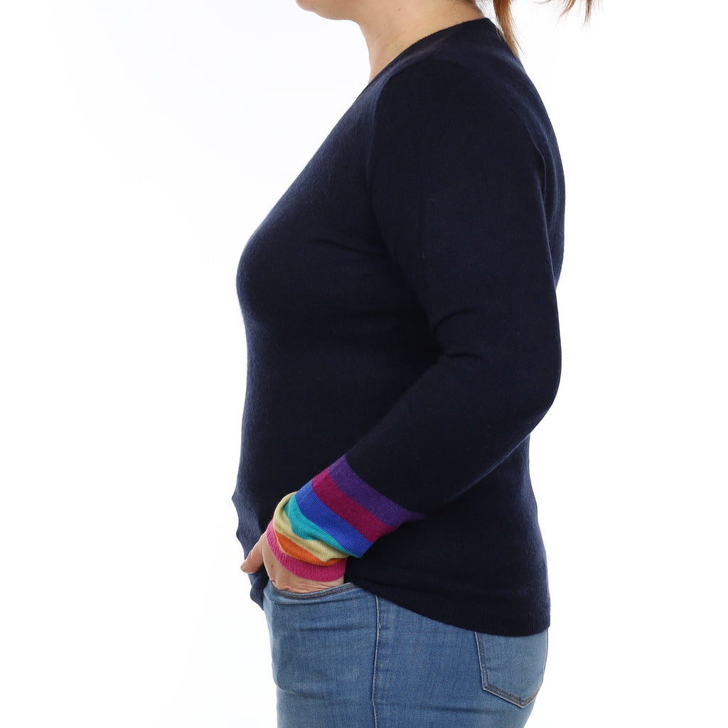 Wyse Navy Rainbow Sleeve Cashmere Crew Neck Jumper Large