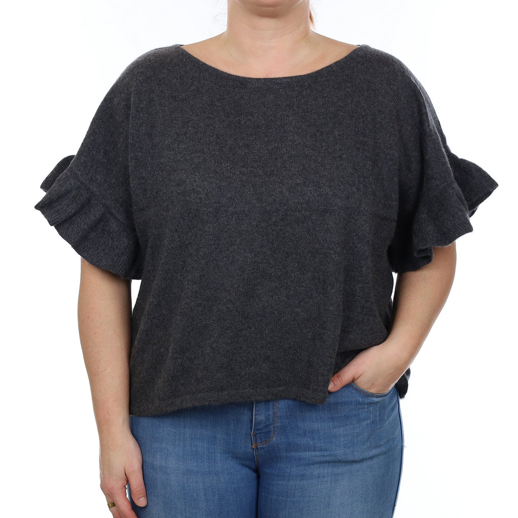 Slate Grey Cashmere Short Ruffle Sleeve Slash Neck Jumper Large