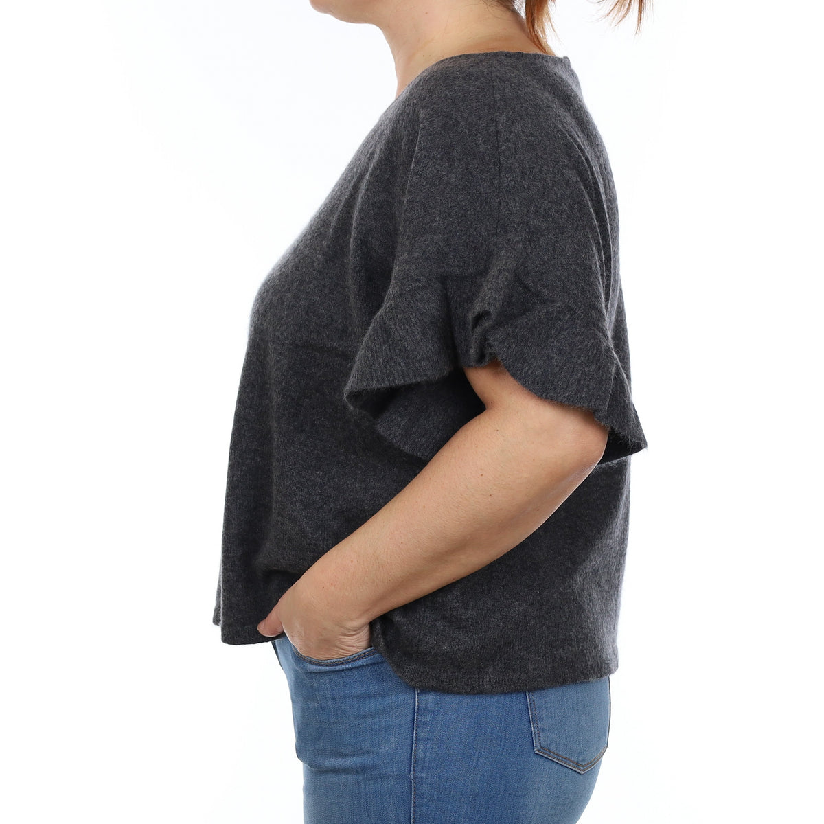 Slate Grey Cashmere Short Ruffle Sleeve Slash Neck Jumper Large