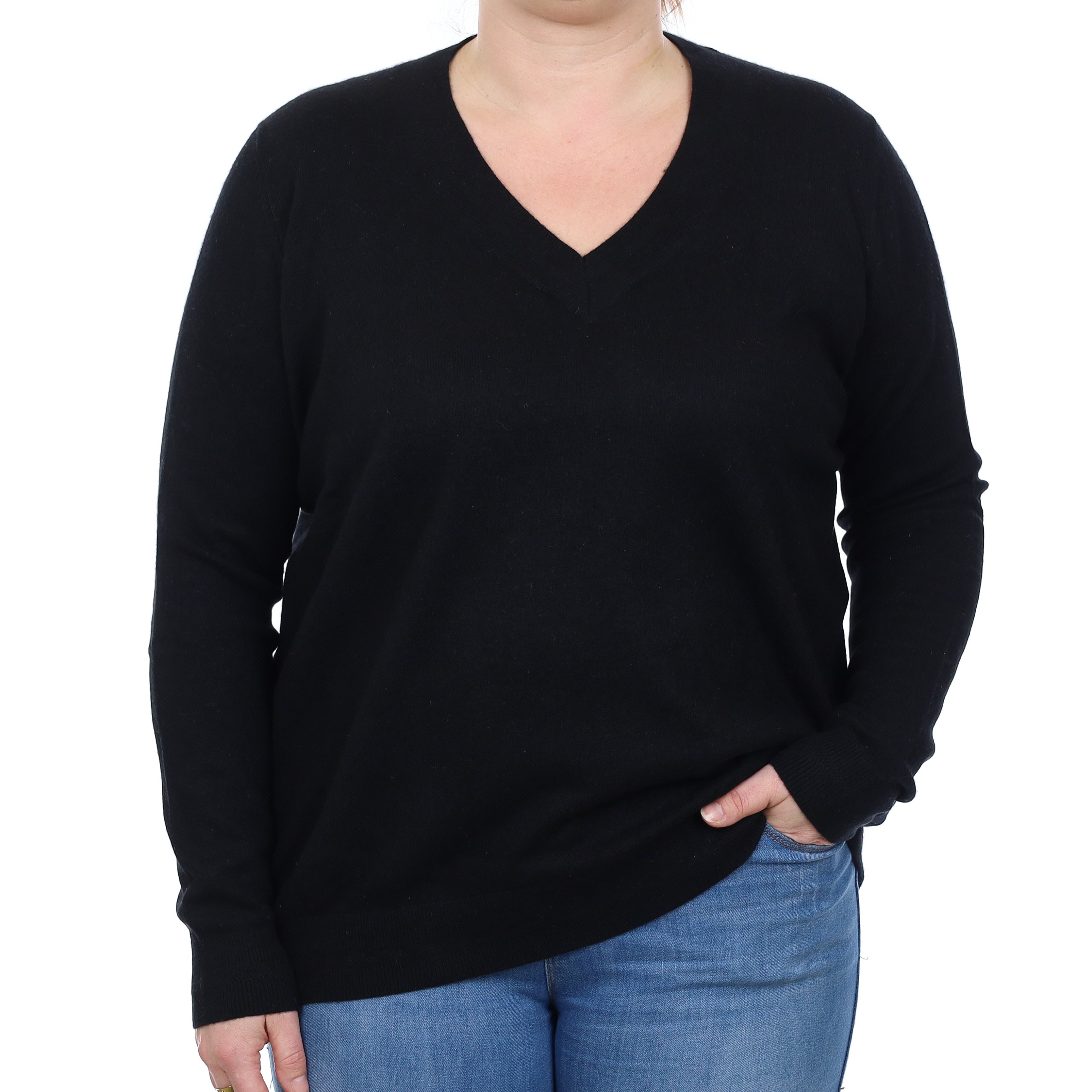 Black Cashmere V Neck Jumper Large
