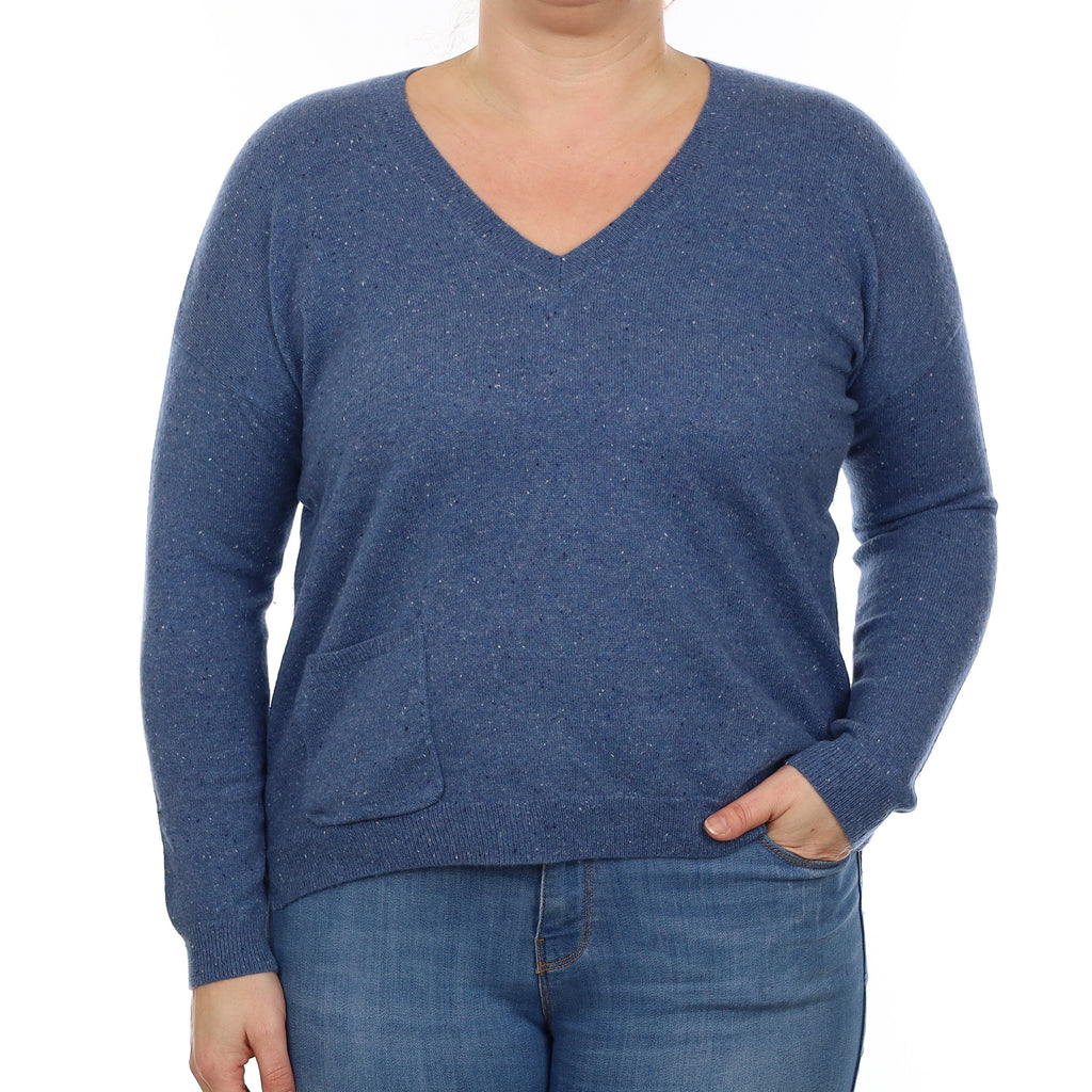 Denim Blue Fleck Cashmere V Neck Jumper with Pocket Large