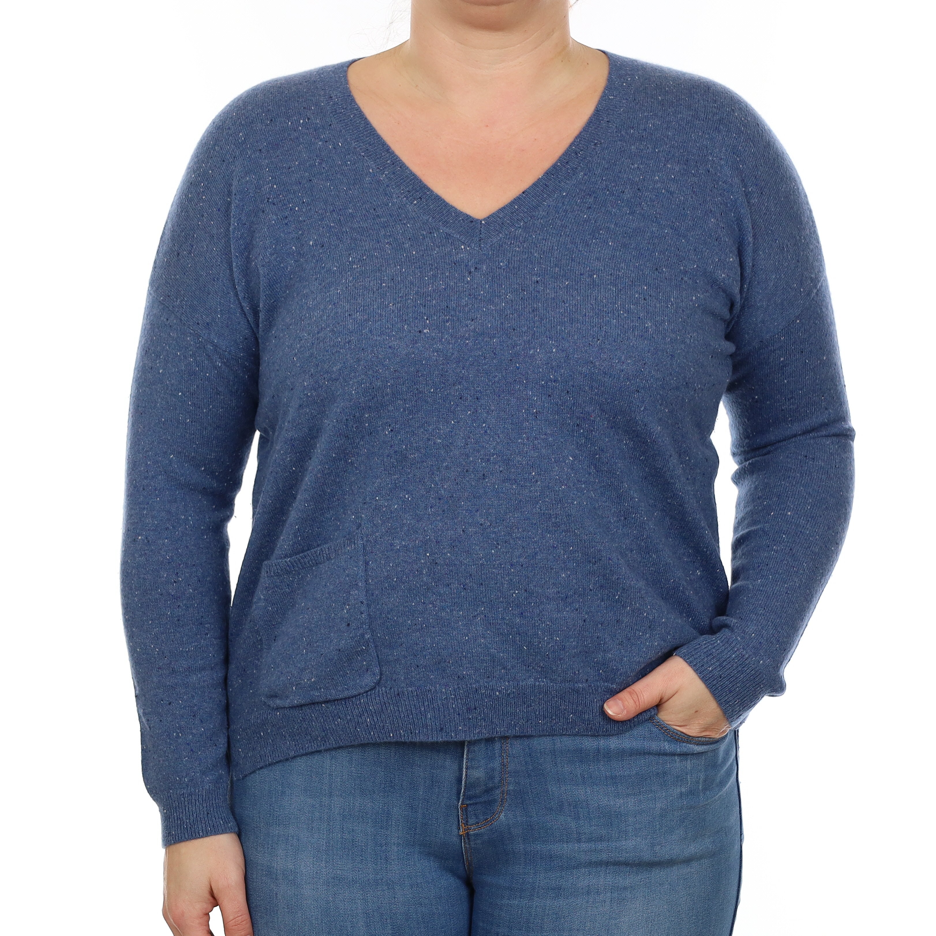 Denim Blue Fleck Cashmere V Neck Jumper with Pocket Large