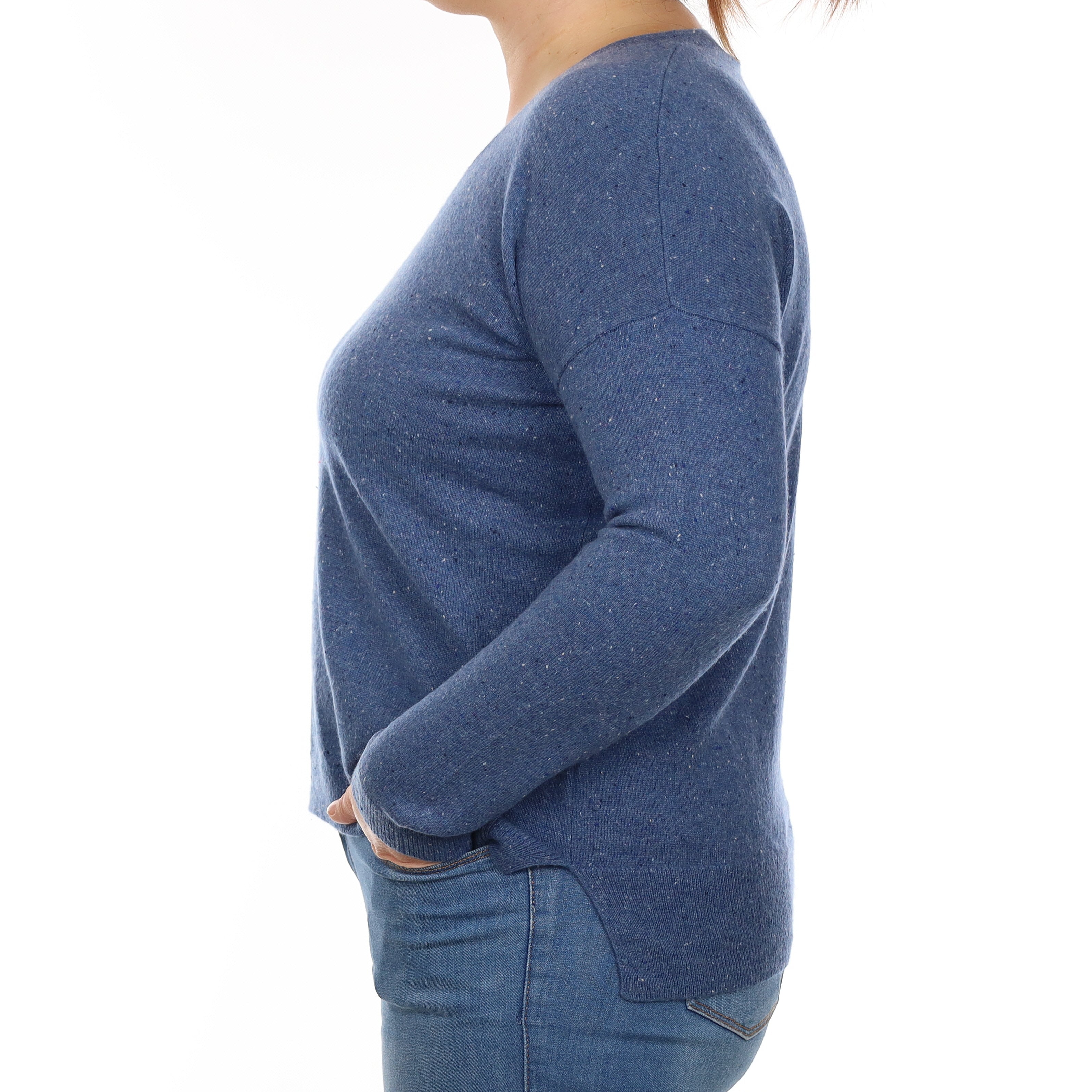 Denim Blue Fleck Cashmere V Neck Jumper with Pocket Large