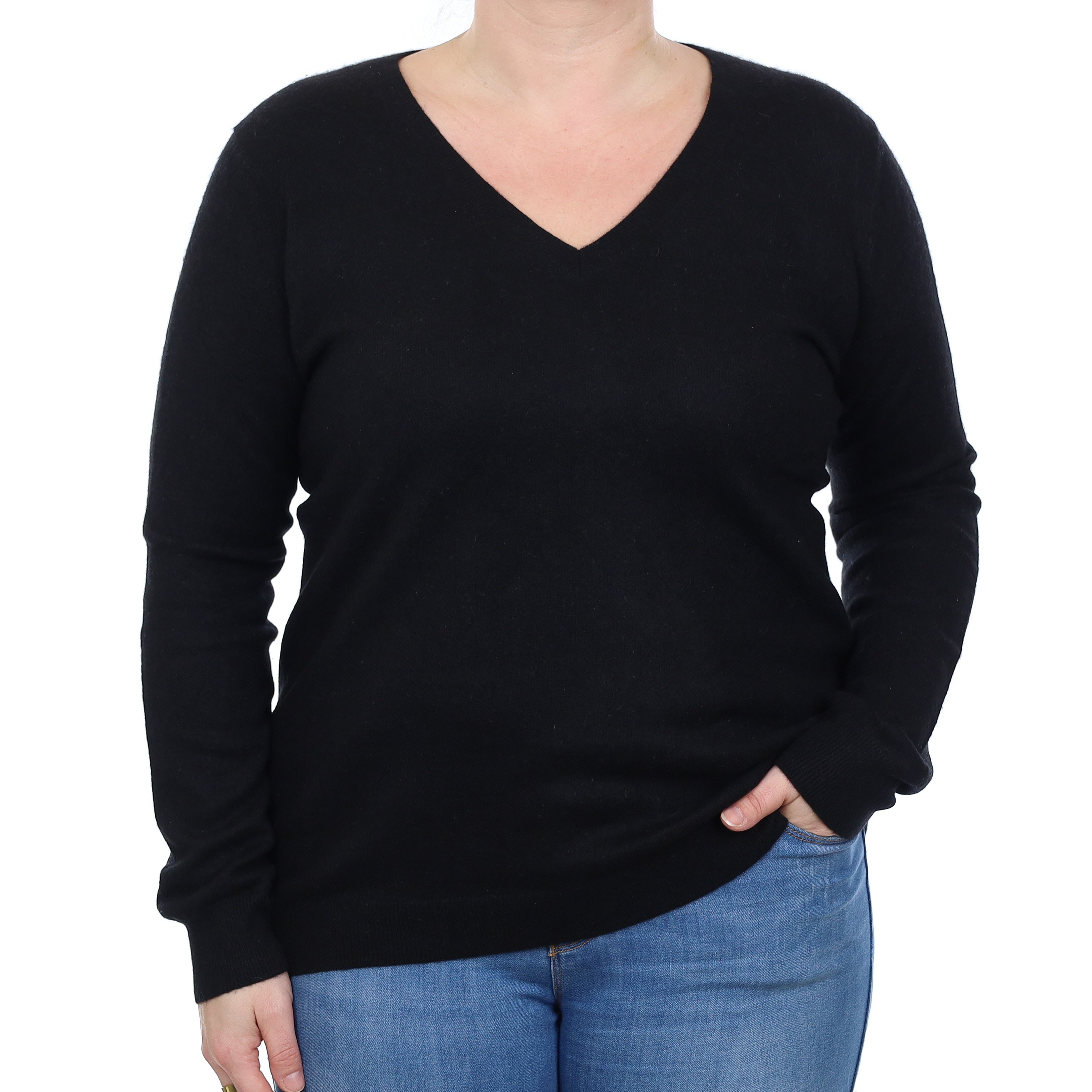 Black Cashmere V Neck Jumper Large