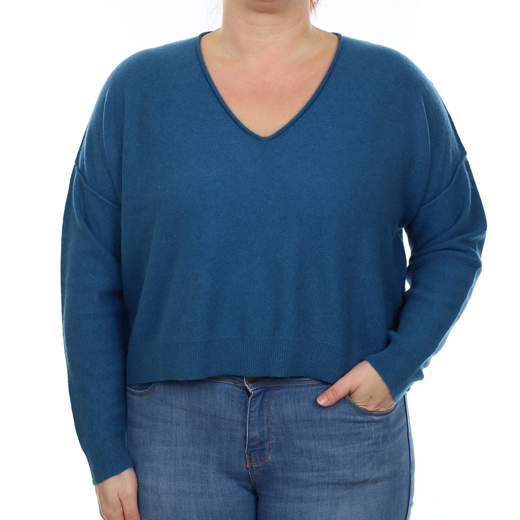 Ocean Blue Cashmere Slouchy Cropped V Neck Jumper Large