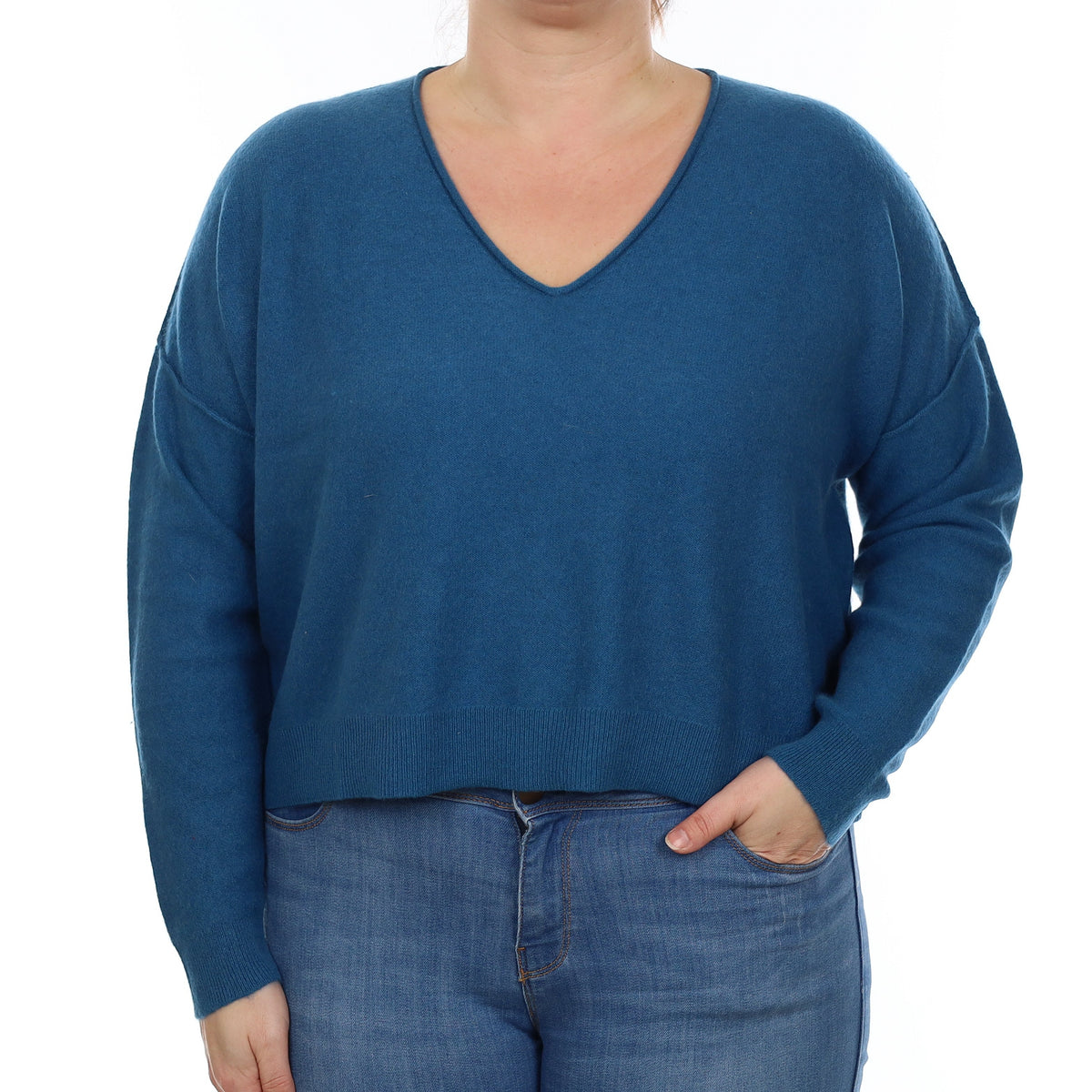 Ocean Blue Cashmere Slouchy Cropped V Neck Jumper Large