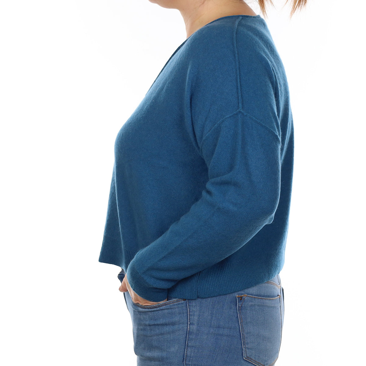 Ocean Blue Cashmere Slouchy Cropped V Neck Jumper Large