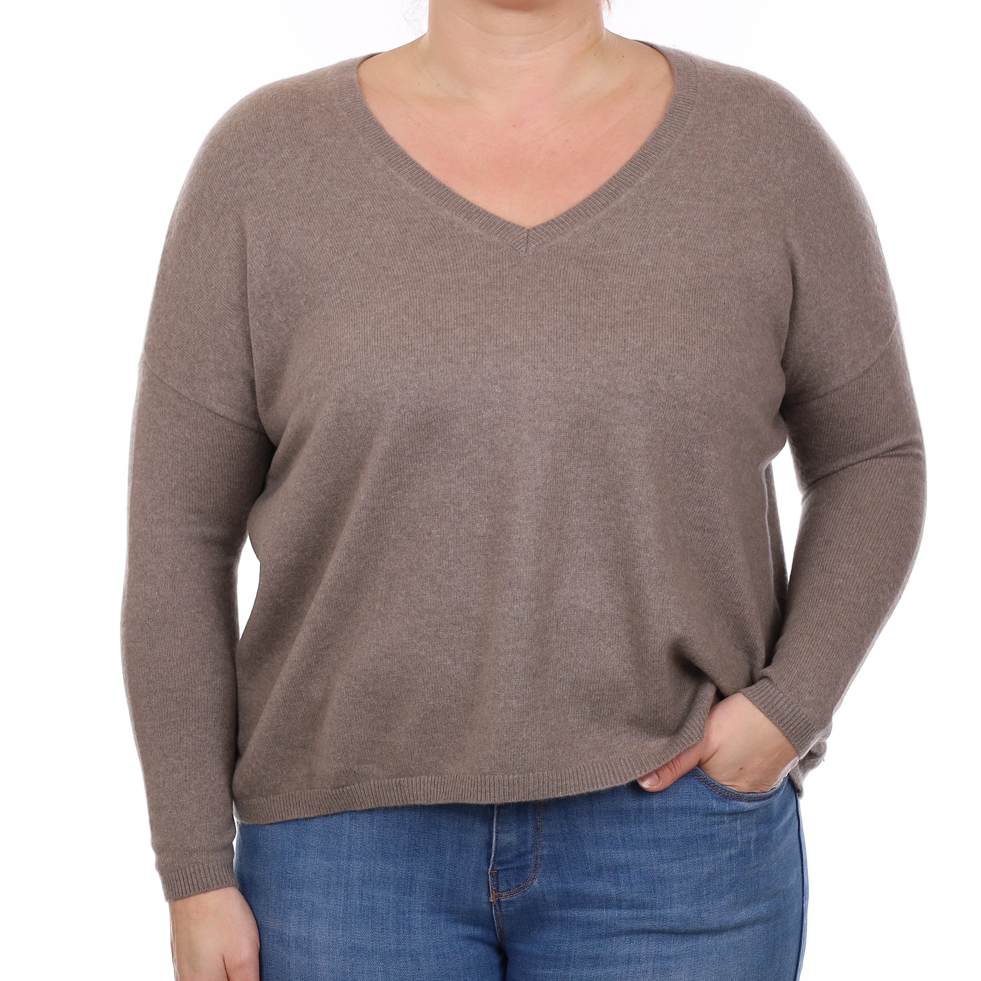 Mink Brown Cashmere Boxy V Neck Jumper Large