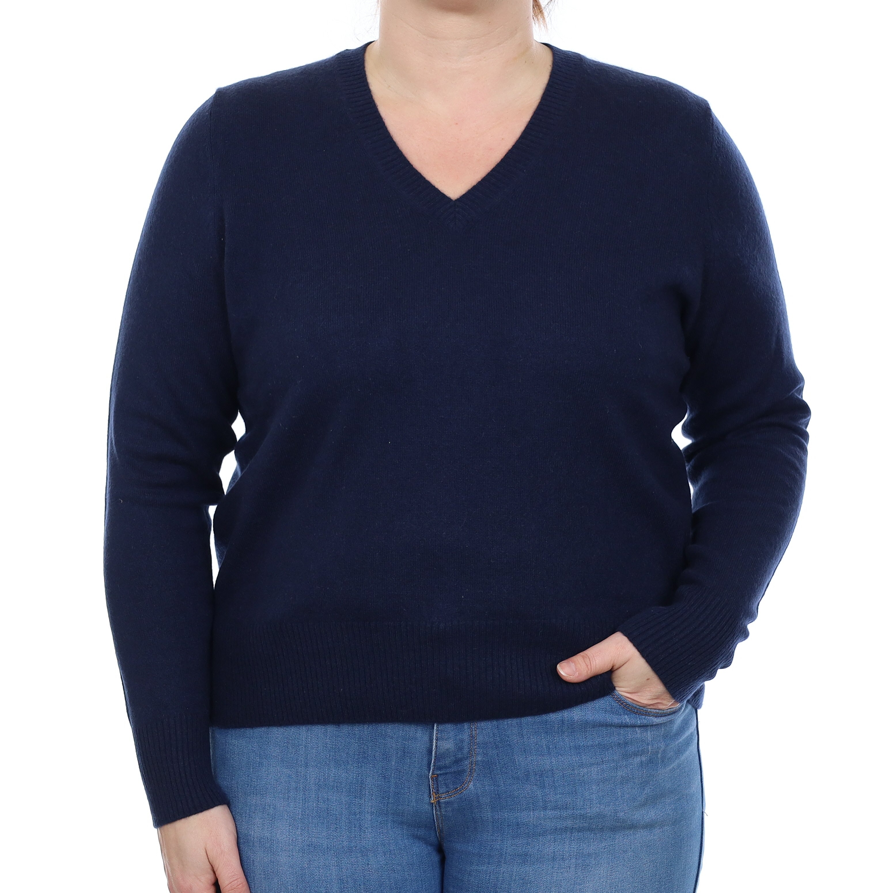 Navy Blue Cashmere V Neck Jumper Large