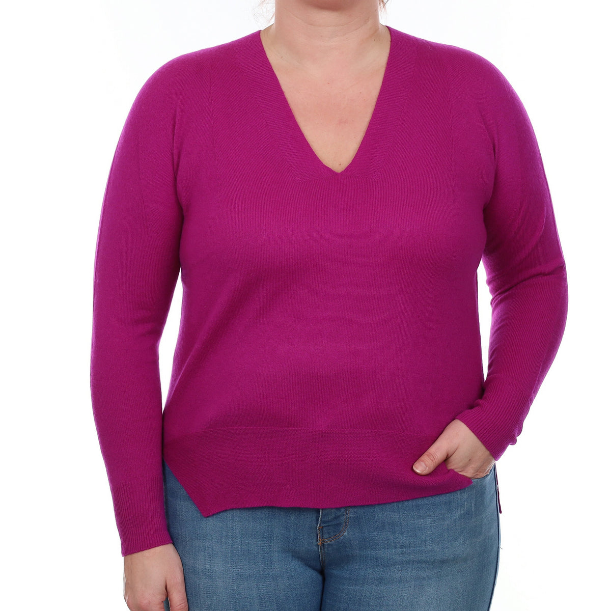 Bright Magenta Pink Cashmere V Neck Jumper Large