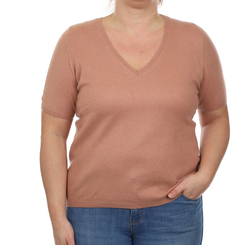 Pale Terracotta Cashmere Short Sleeve V Neck Jumper Large