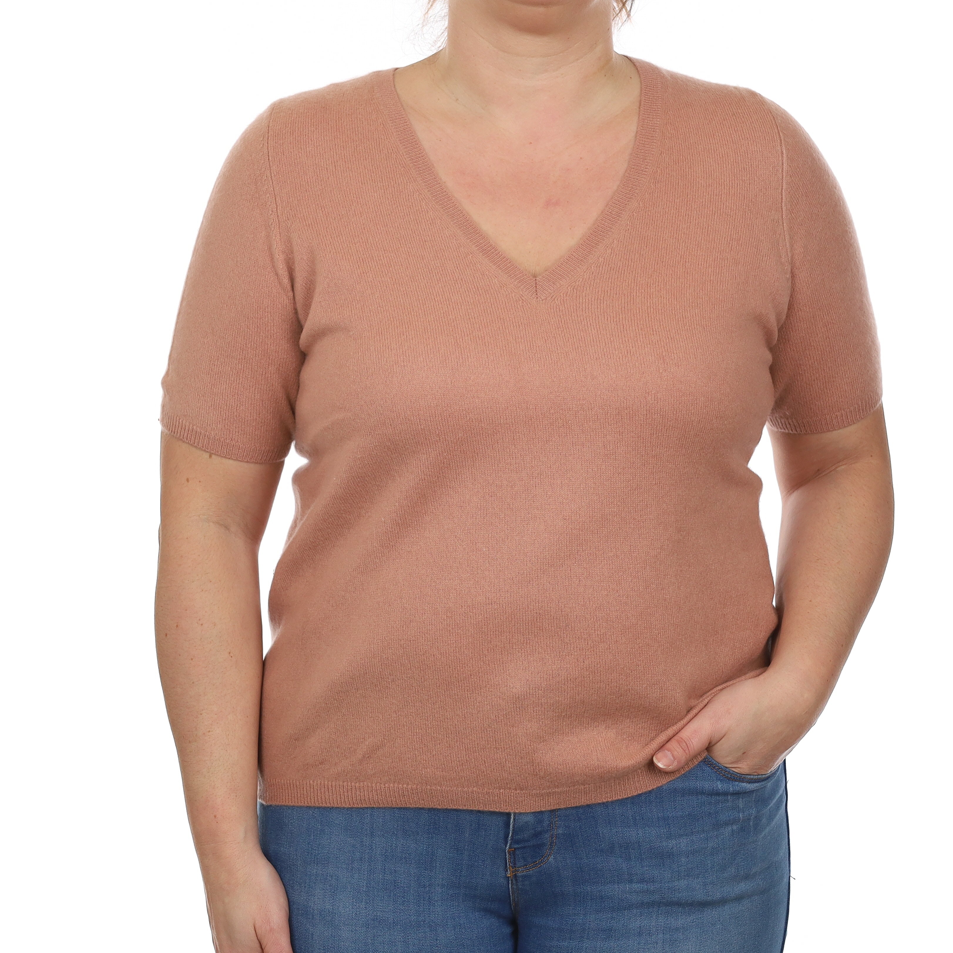 Pale Terracotta Cashmere Short Sleeve V Neck Jumper Large