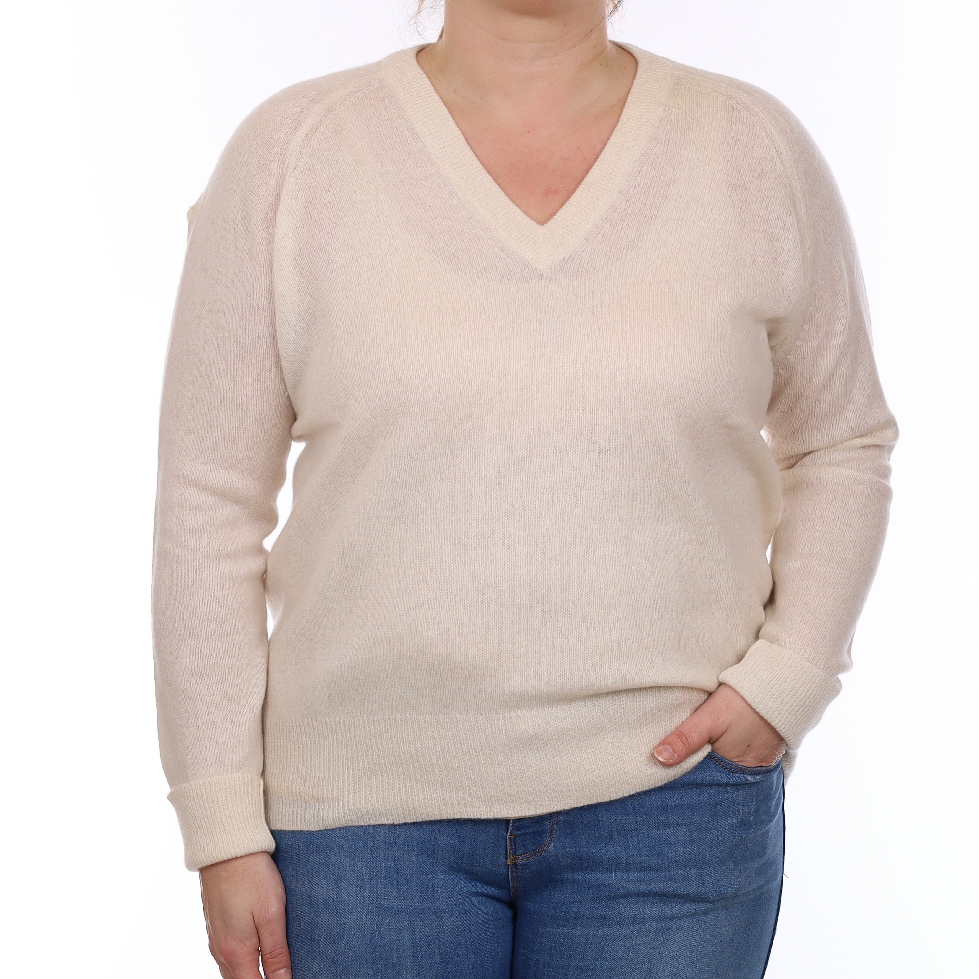 Ivory Cashmere V Neck Jumper Large