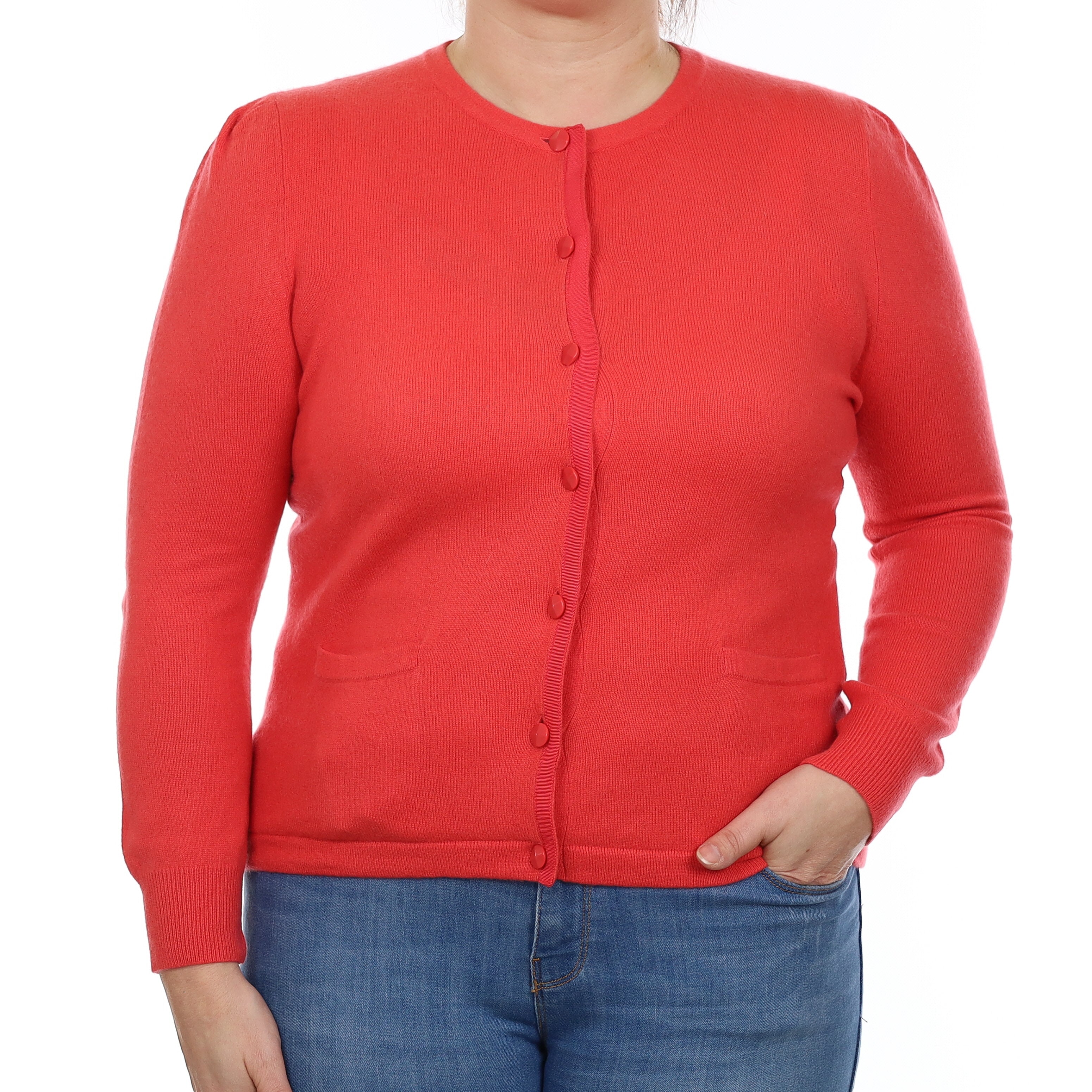 Coral Pink Cashmere Crew Neck Cardigan with Pockets Large