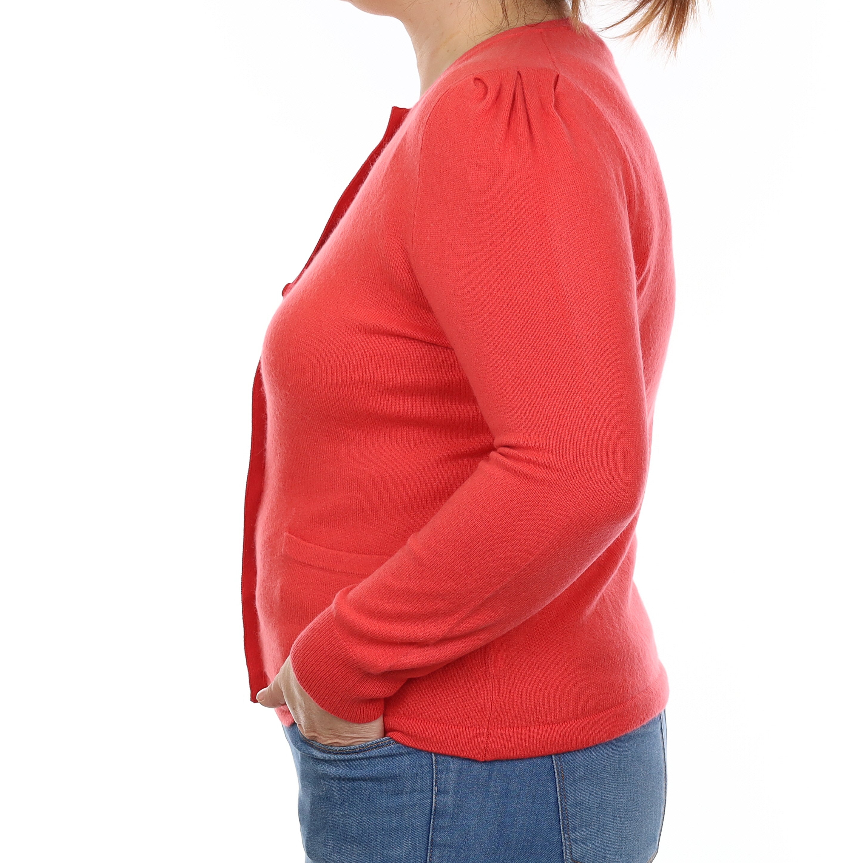 Coral Pink Cashmere Crew Neck Cardigan with Pockets Large