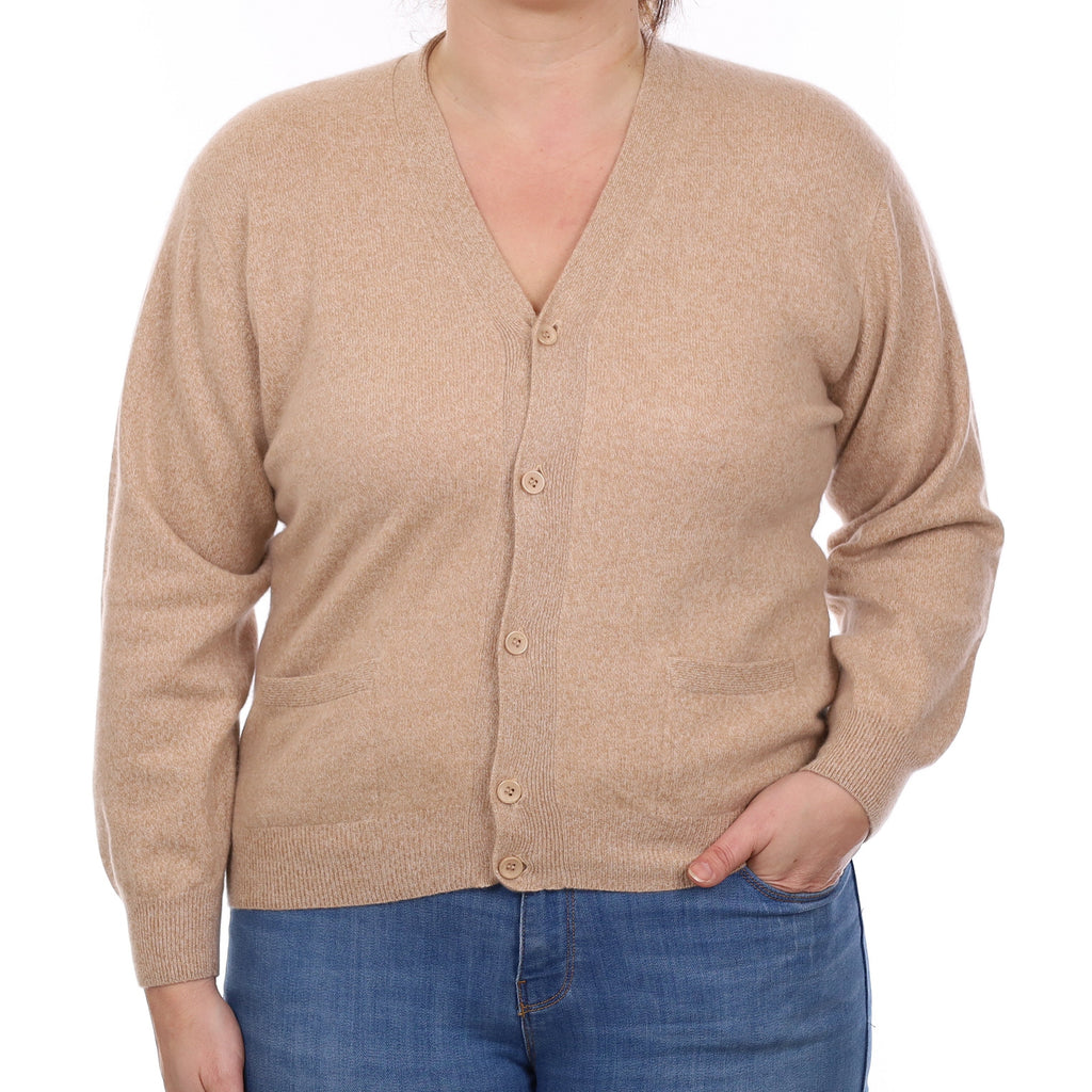 Caramel Marl Cashmere V Neck Cardigan with Pockets Large