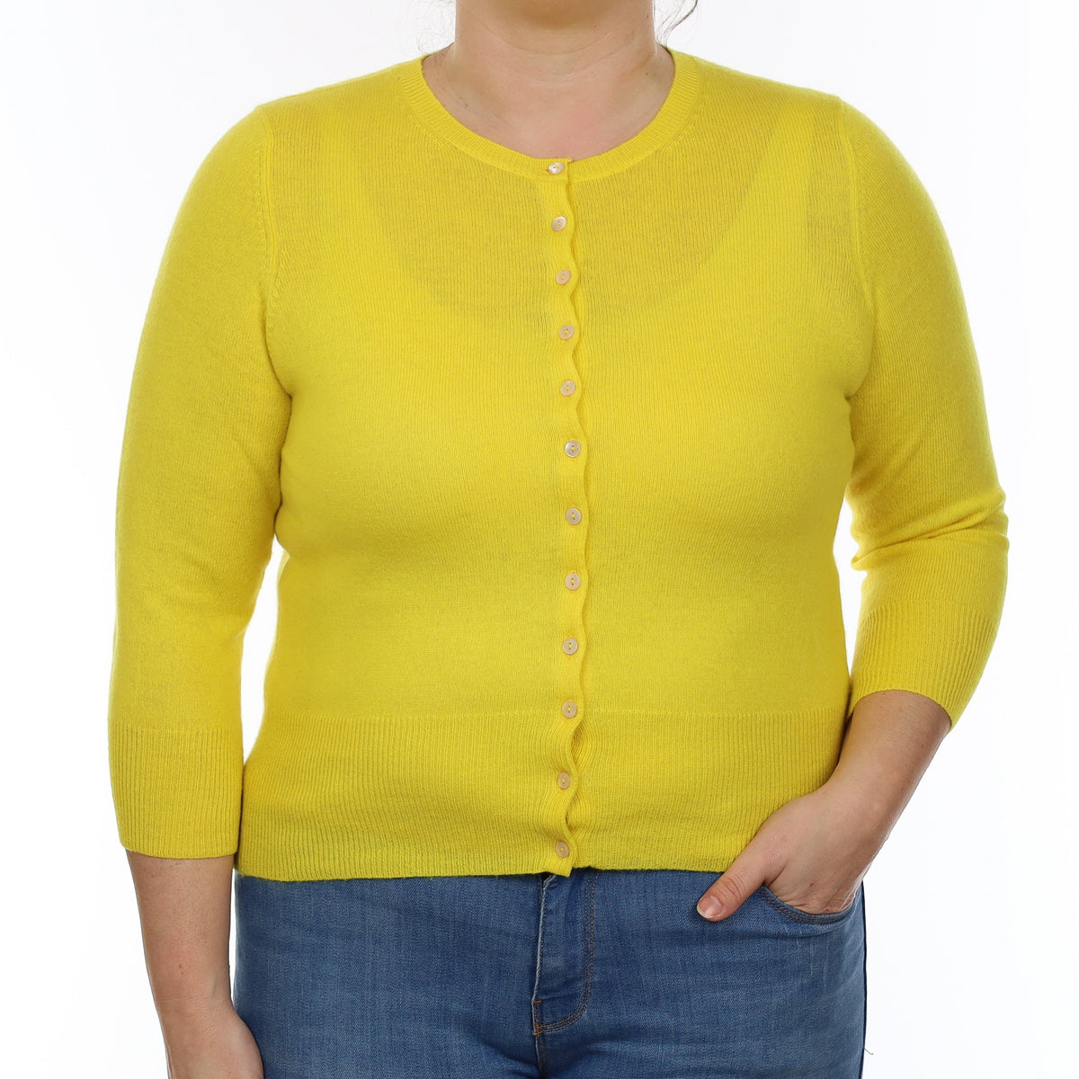 Canary Yellow Cashmere 3/4 Sleeve Crew Neck Cardigan Large