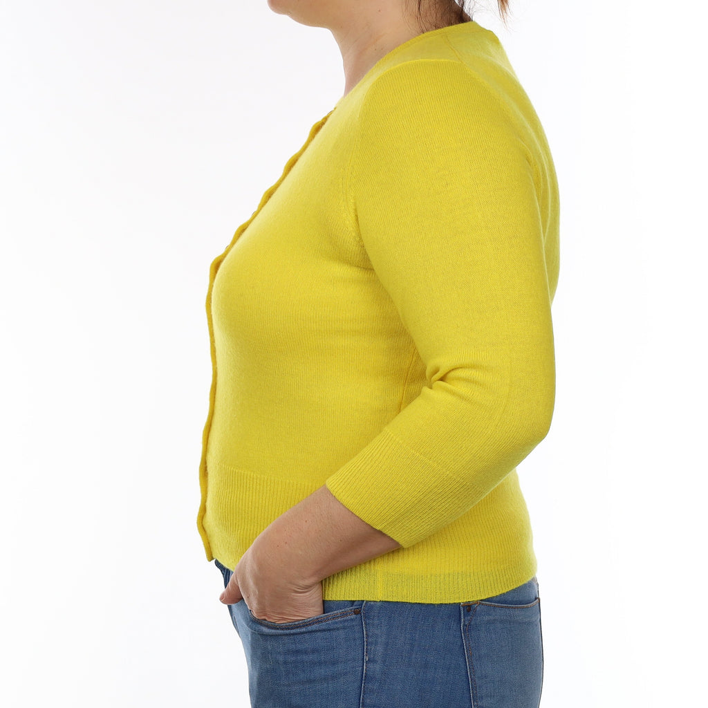 Canary Yellow Cashmere 3/4 Sleeve Crew Neck Cardigan Large