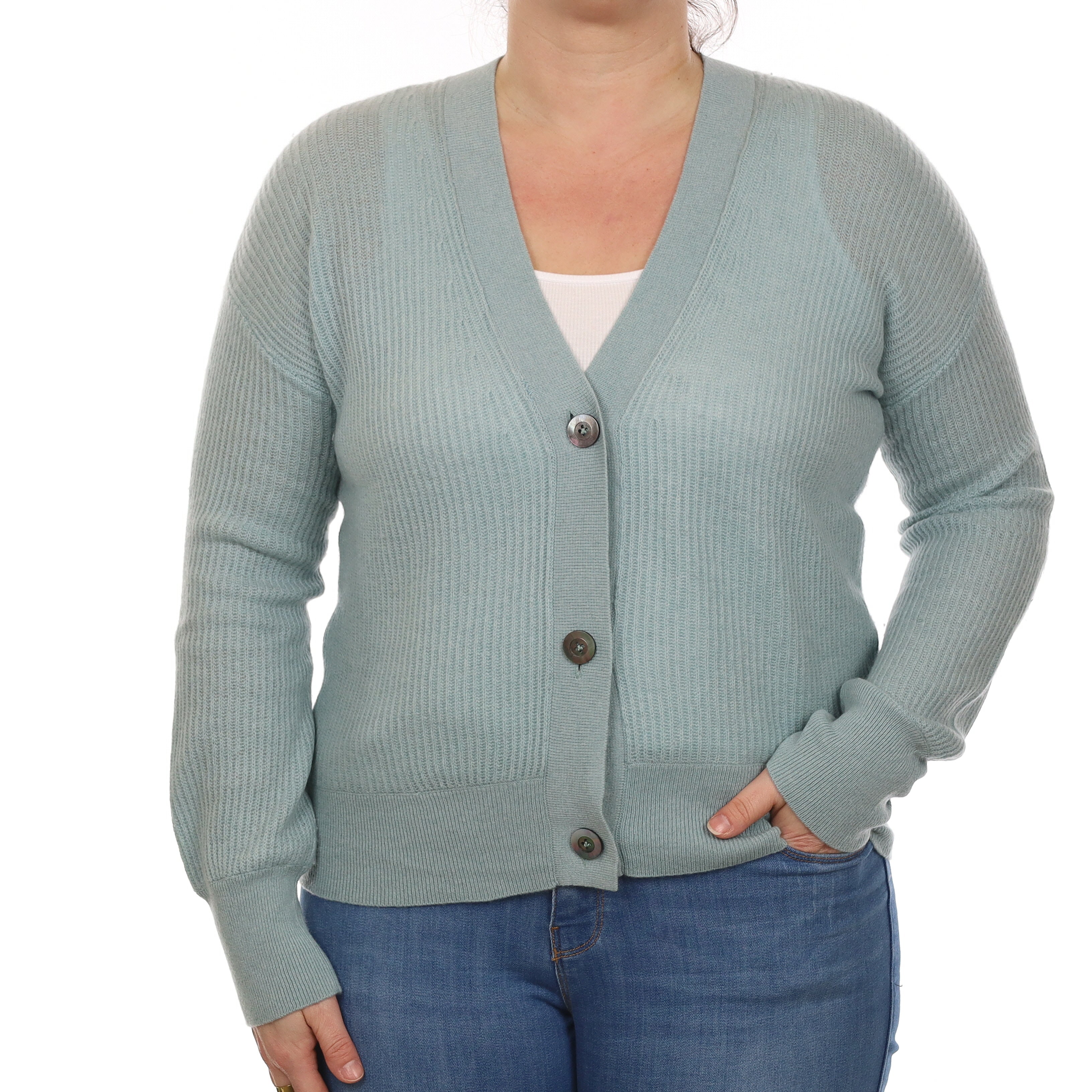 Duck Egg Green Rib Cashmere V Neck Cardigan Large