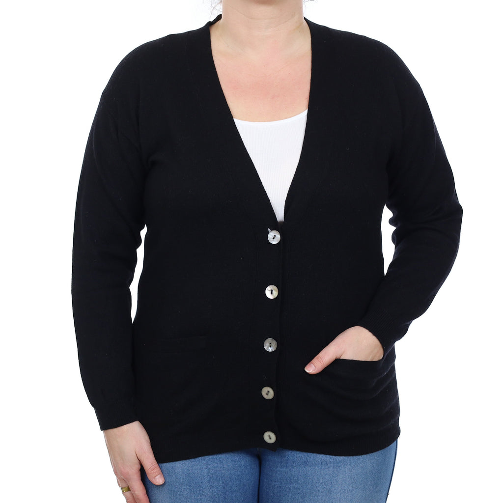 Black Cashmere Longline V Neck Cardigan with Pockets Large