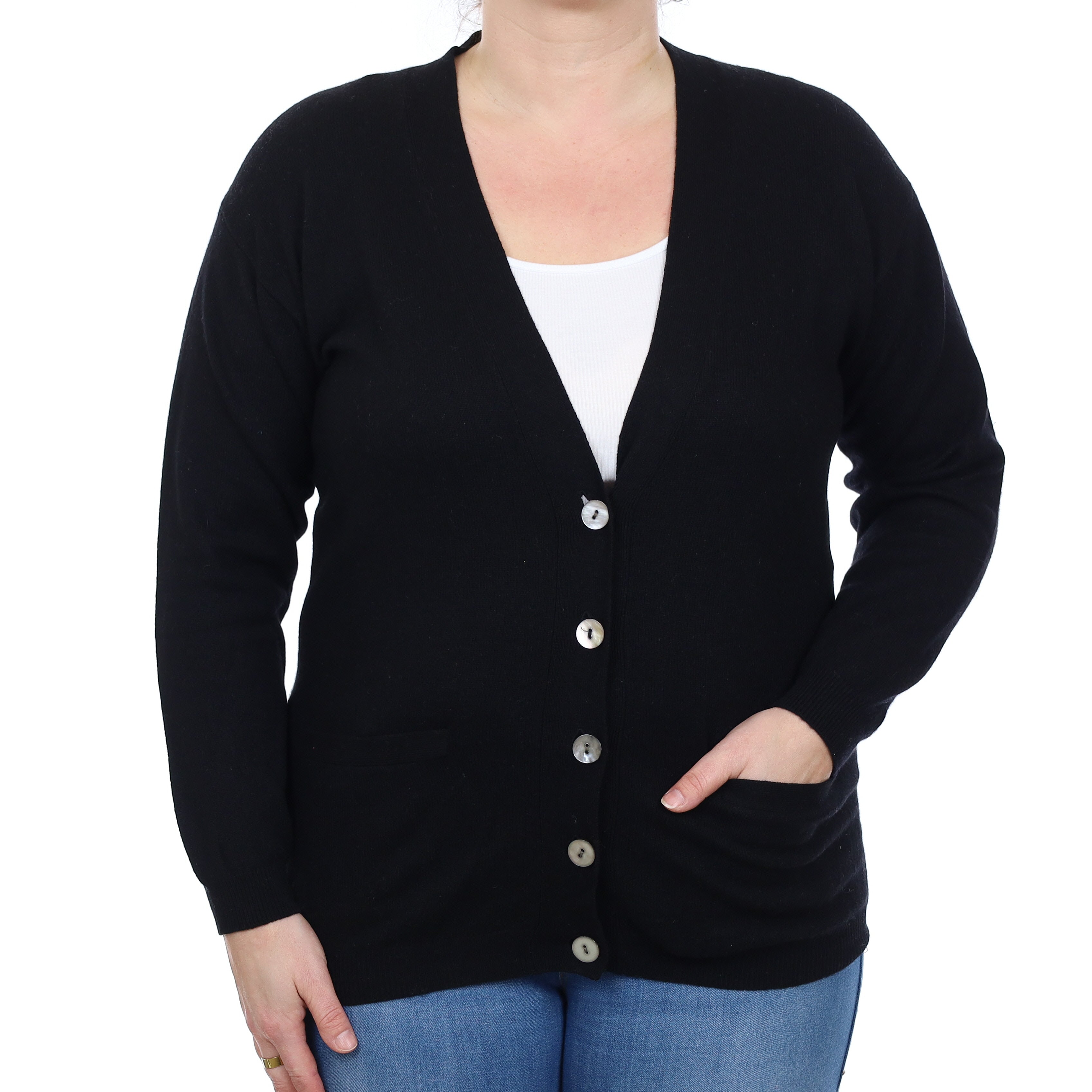 Black Cashmere Longline V Neck Cardigan with Pockets Large
