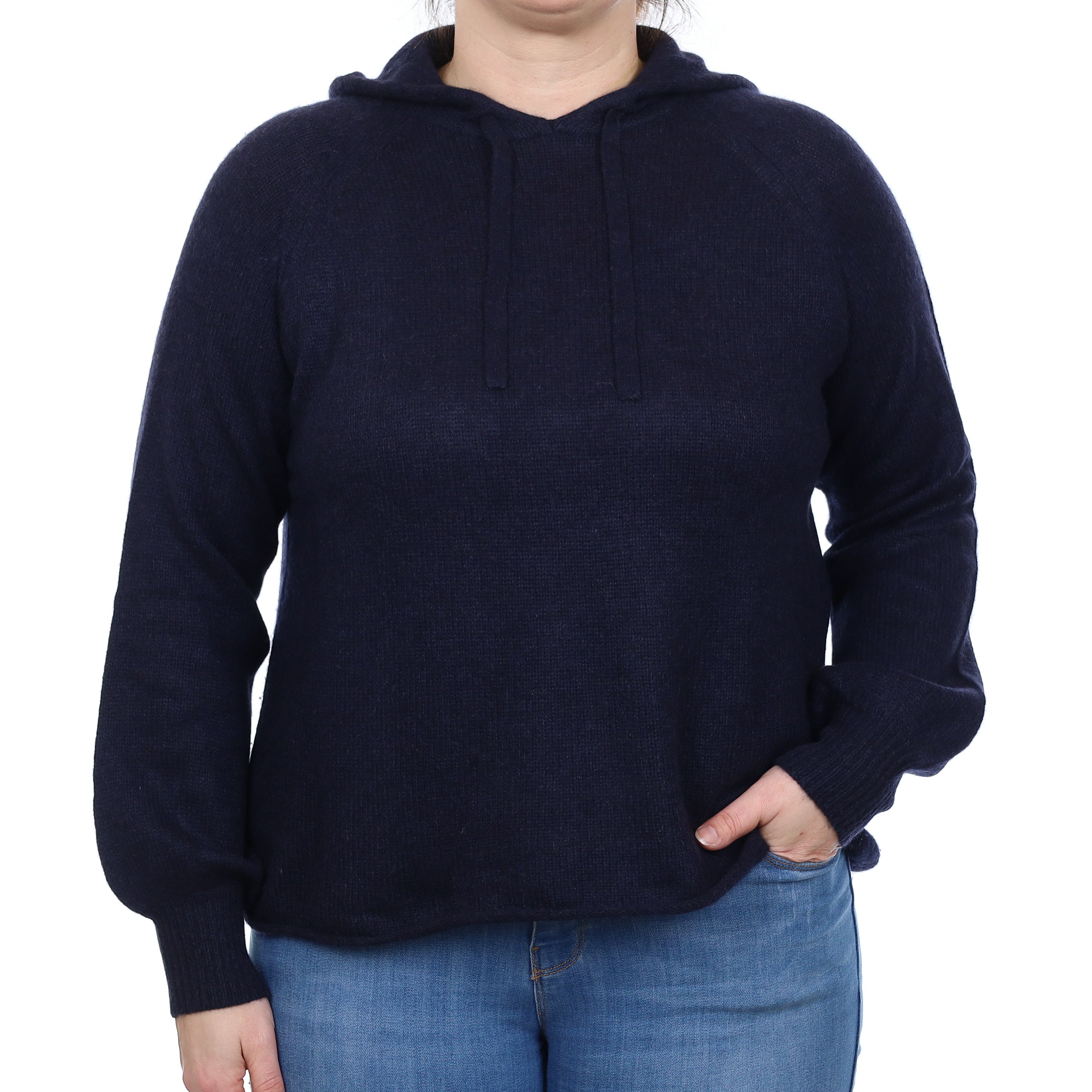 Navy Chunky Knit Cashmere Hoodie Jumper Large