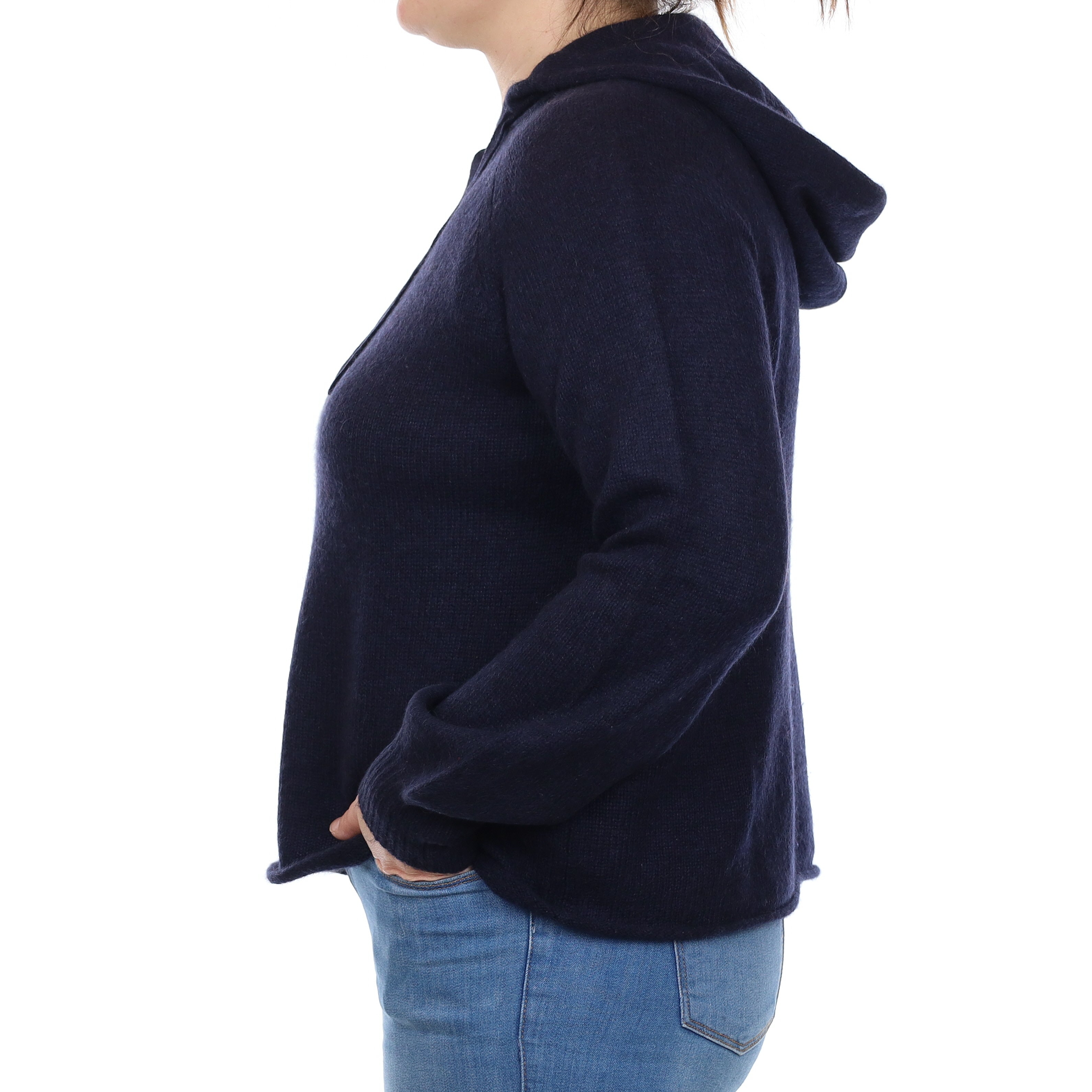 Navy Chunky Knit Cashmere Hoodie Jumper Large