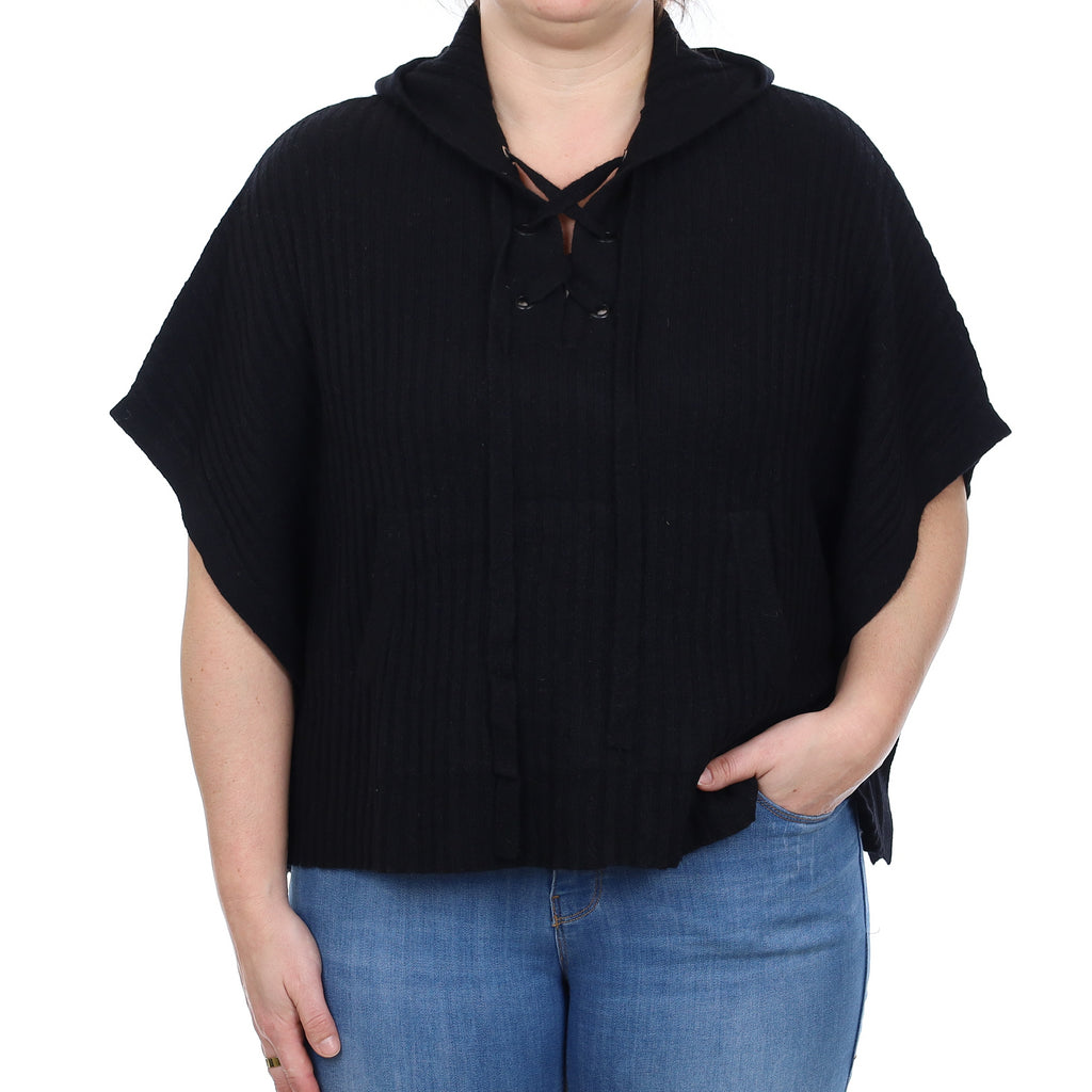 Black Rib Cashmere Poncho Style Jumper with Hood Large