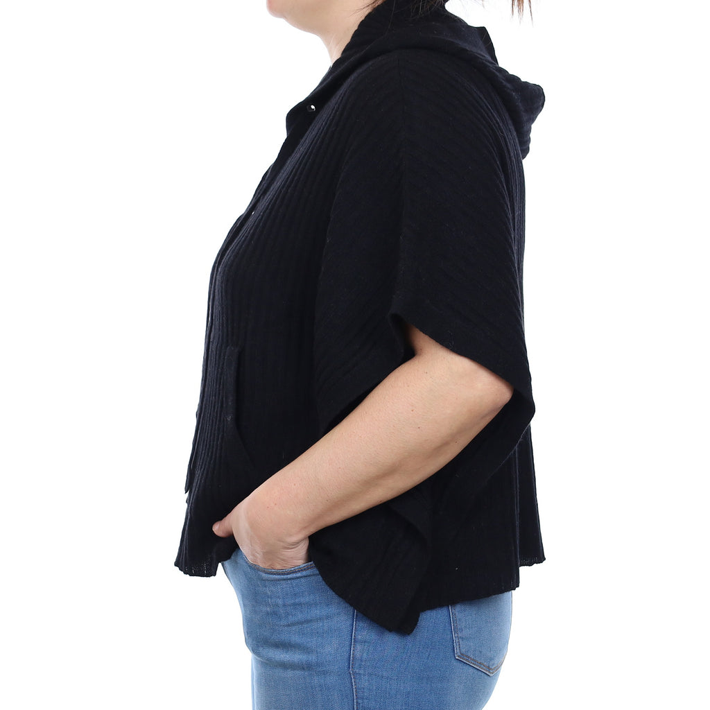 Black Rib Cashmere Poncho Style Jumper with Hood Large
