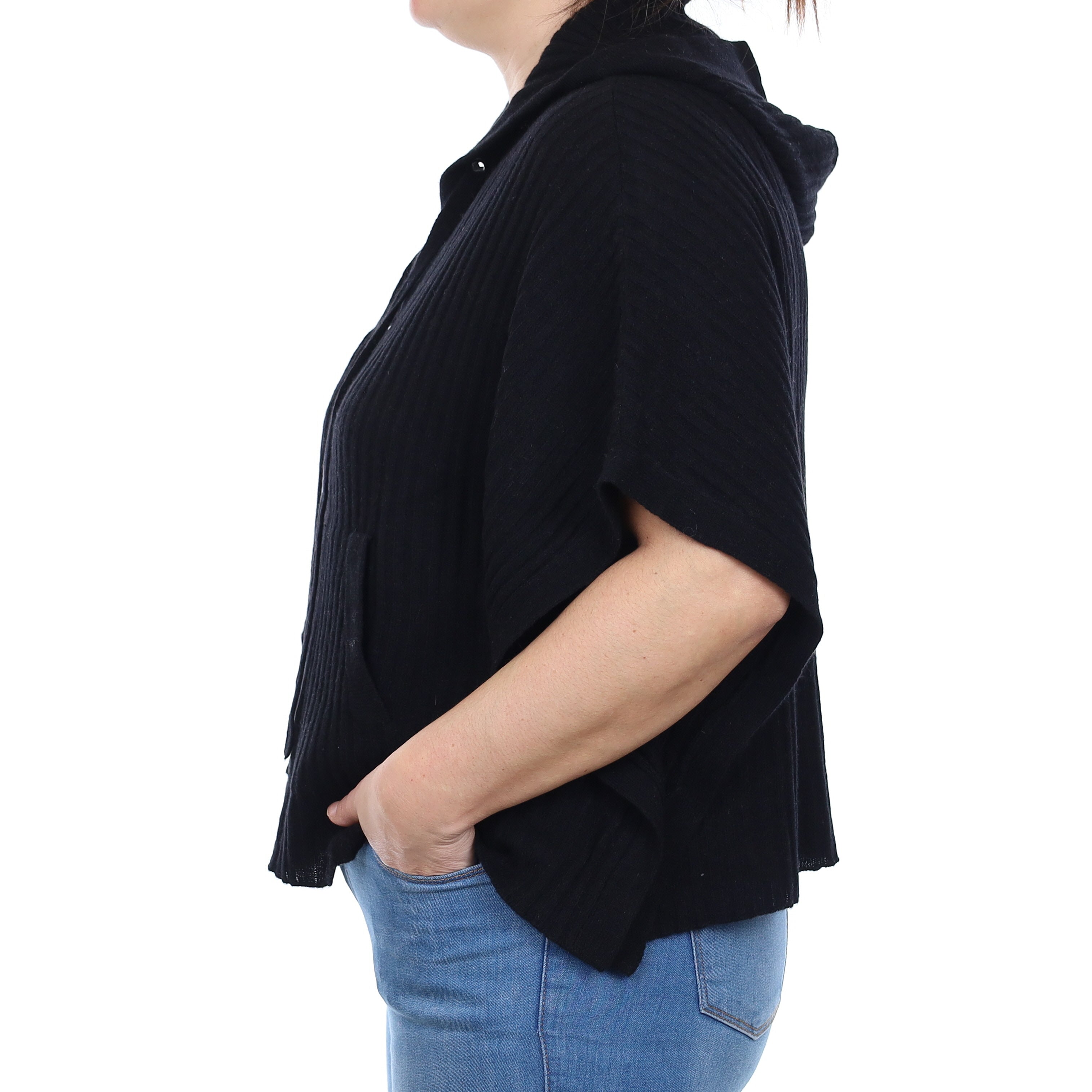 Black Rib Cashmere Poncho Style Jumper with Hood Large