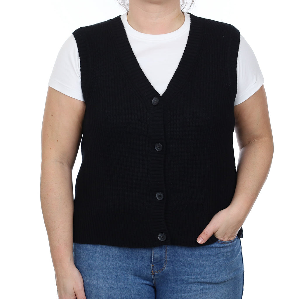 Black Rib Cashmere V Neck Waistcoat Large