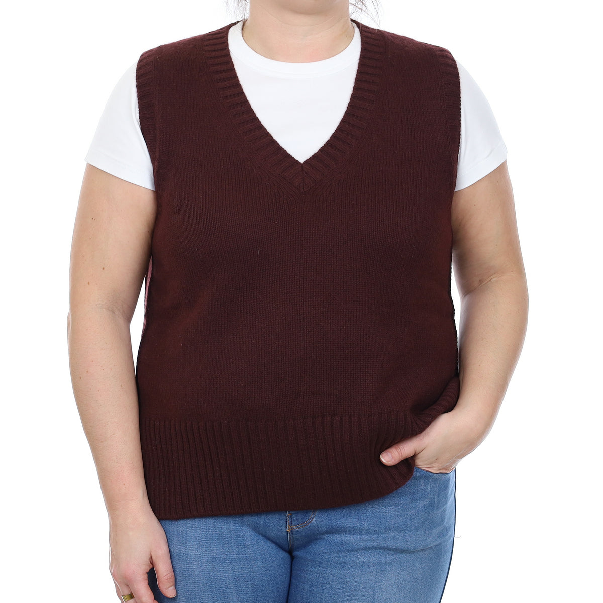 Aubergine Purple Chunky Cashmere V Neck Tank Top Large