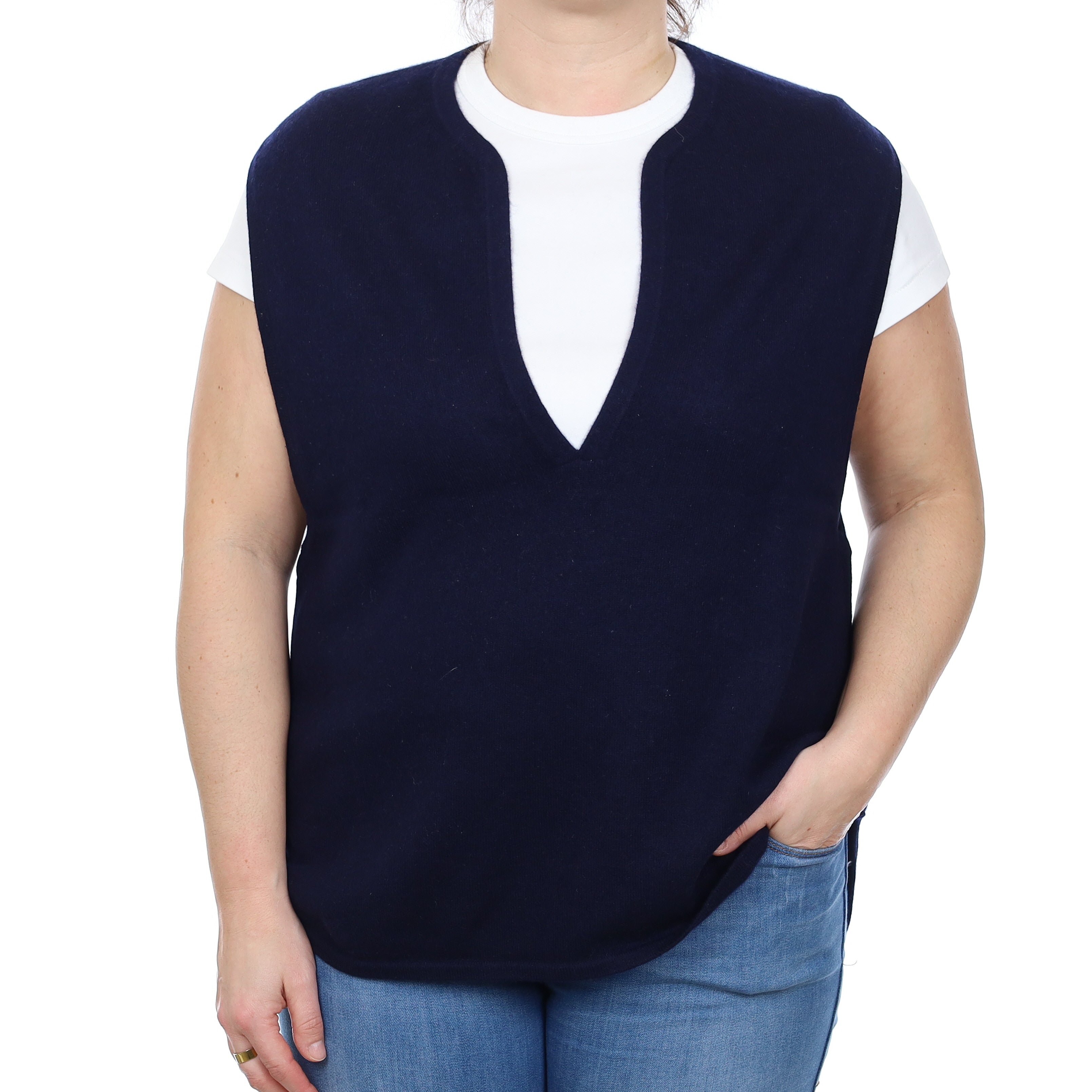 Eric Bompard Navy Cashmere Low V Neck Sleeveless Tunic Large