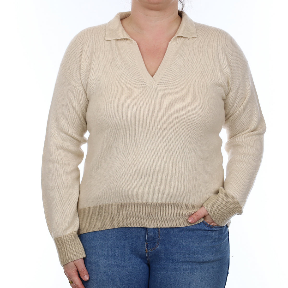 Italian Vanilla Cream Chunky Cashmere Collared V Neck Jumper Large