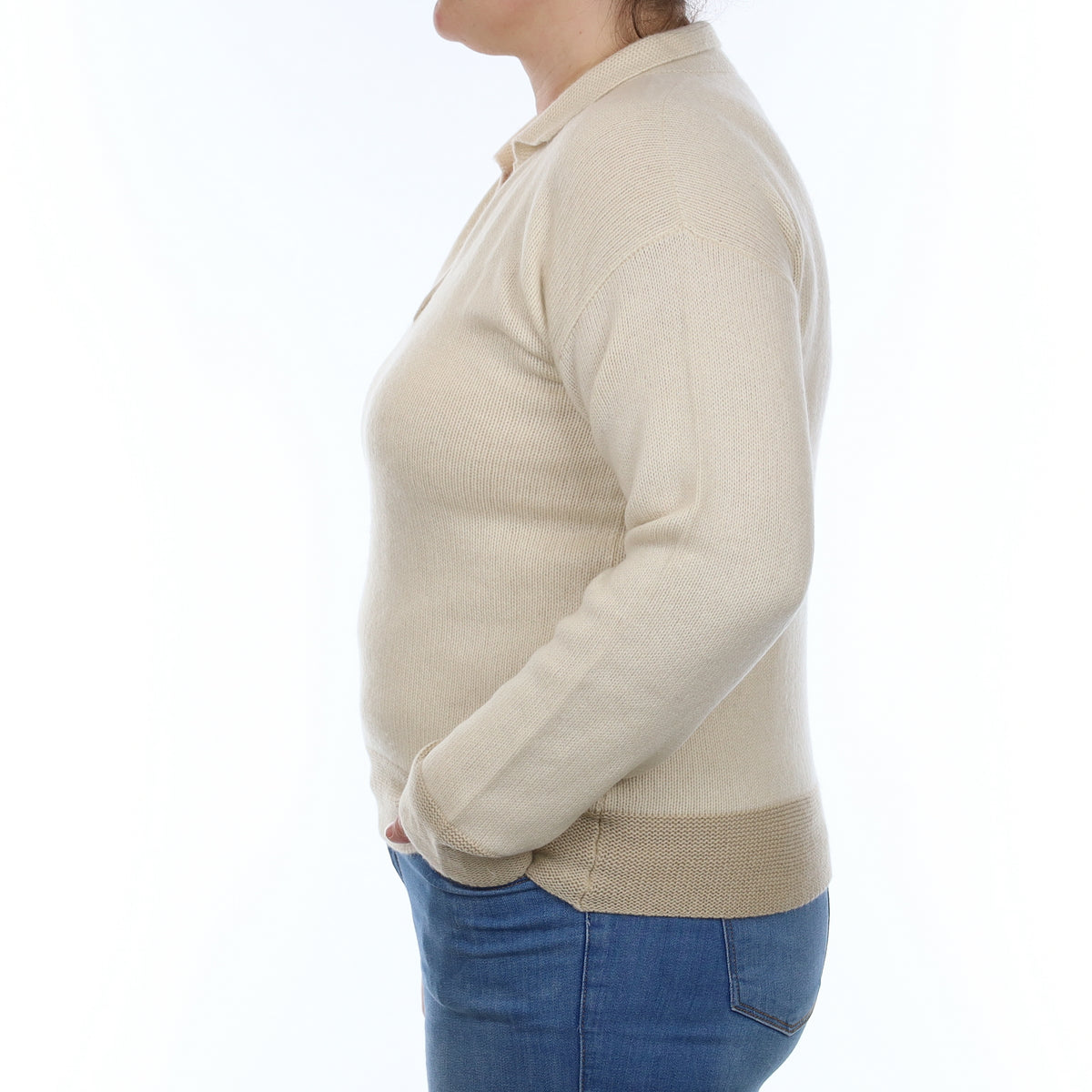 Italian Vanilla Cream Chunky Cashmere Collared V Neck Jumper Large