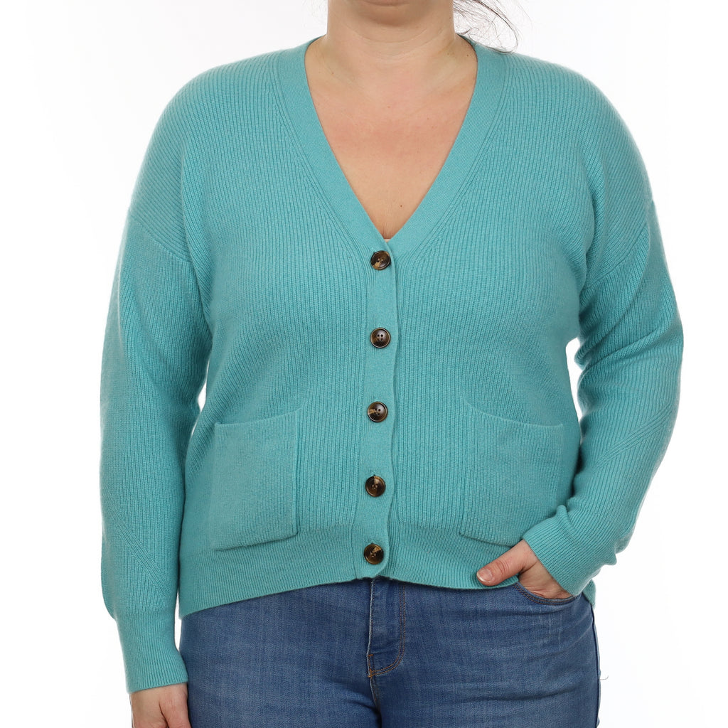 Aqua Blue Heavy Rib knit Cashmere V Neck Cardigan Large