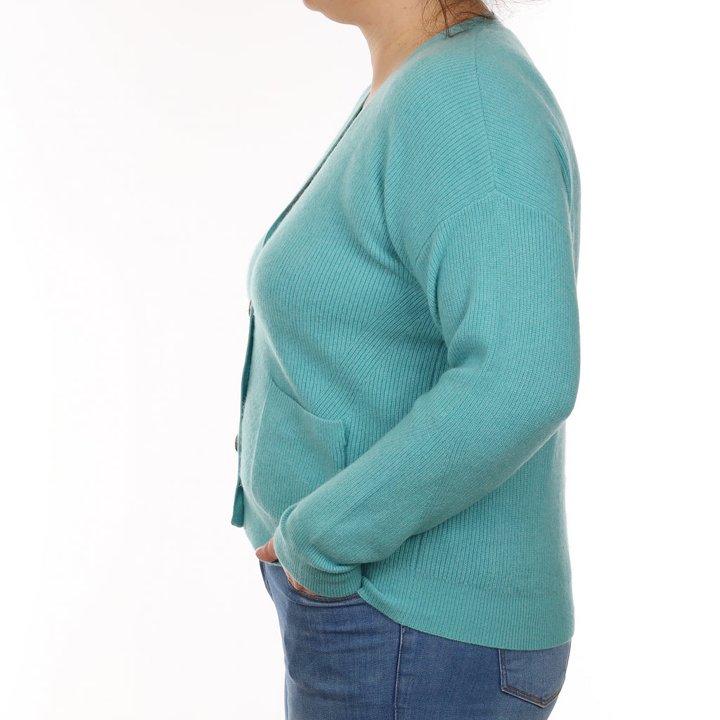 Aqua Blue Heavy Rib knit Cashmere V Neck Cardigan Large