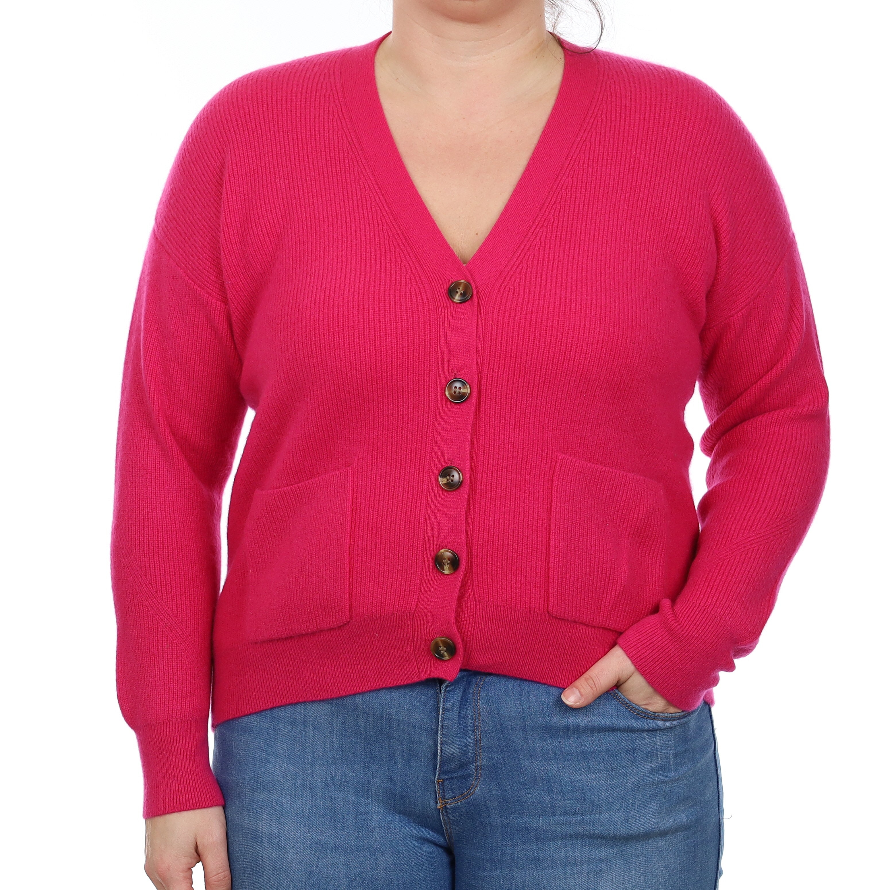 Fuchsia Pink Heavy Rib Knit Cashmere V Neck Cardigan Large