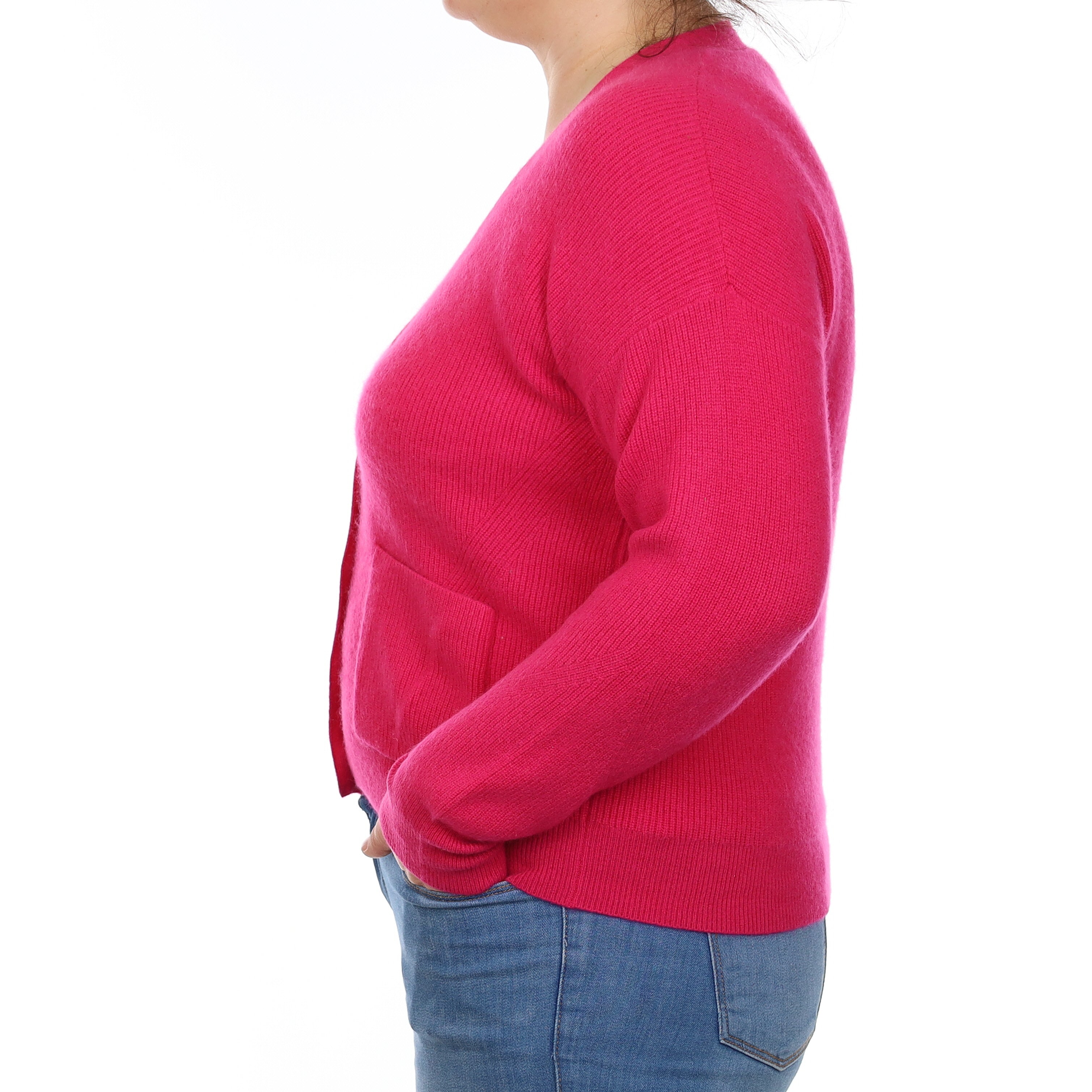Fuchsia Pink Heavy Rib Knit Cashmere V Neck Cardigan Large