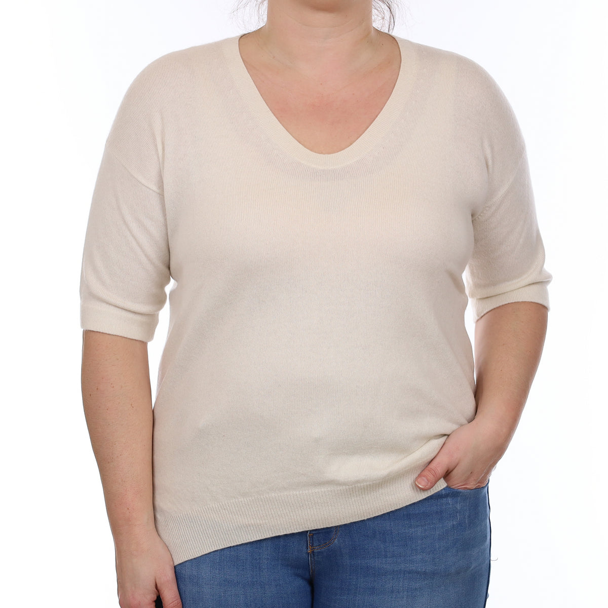Allude Ivory Cashmere Short Sleeve V Neck Jumper Large